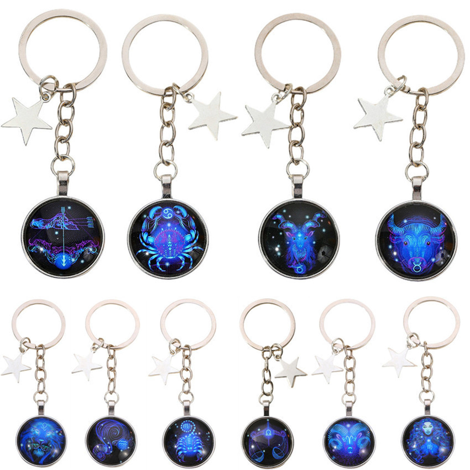 Picture of Glass Galaxy Keychain & Keyring Silver Tone Pentagram Star Constellation