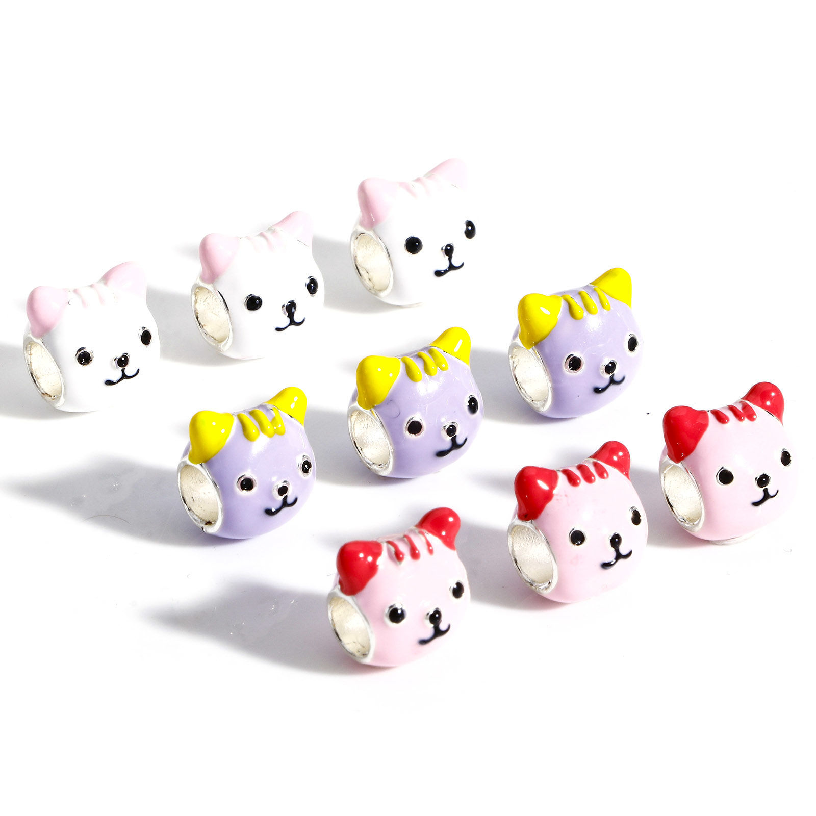 Picture of Zinc Based Alloy European Style Large Hole Charm Beads Multicolor Cat Animal Enamel 11mm x 11mm, Hole: Approx 4.5mm