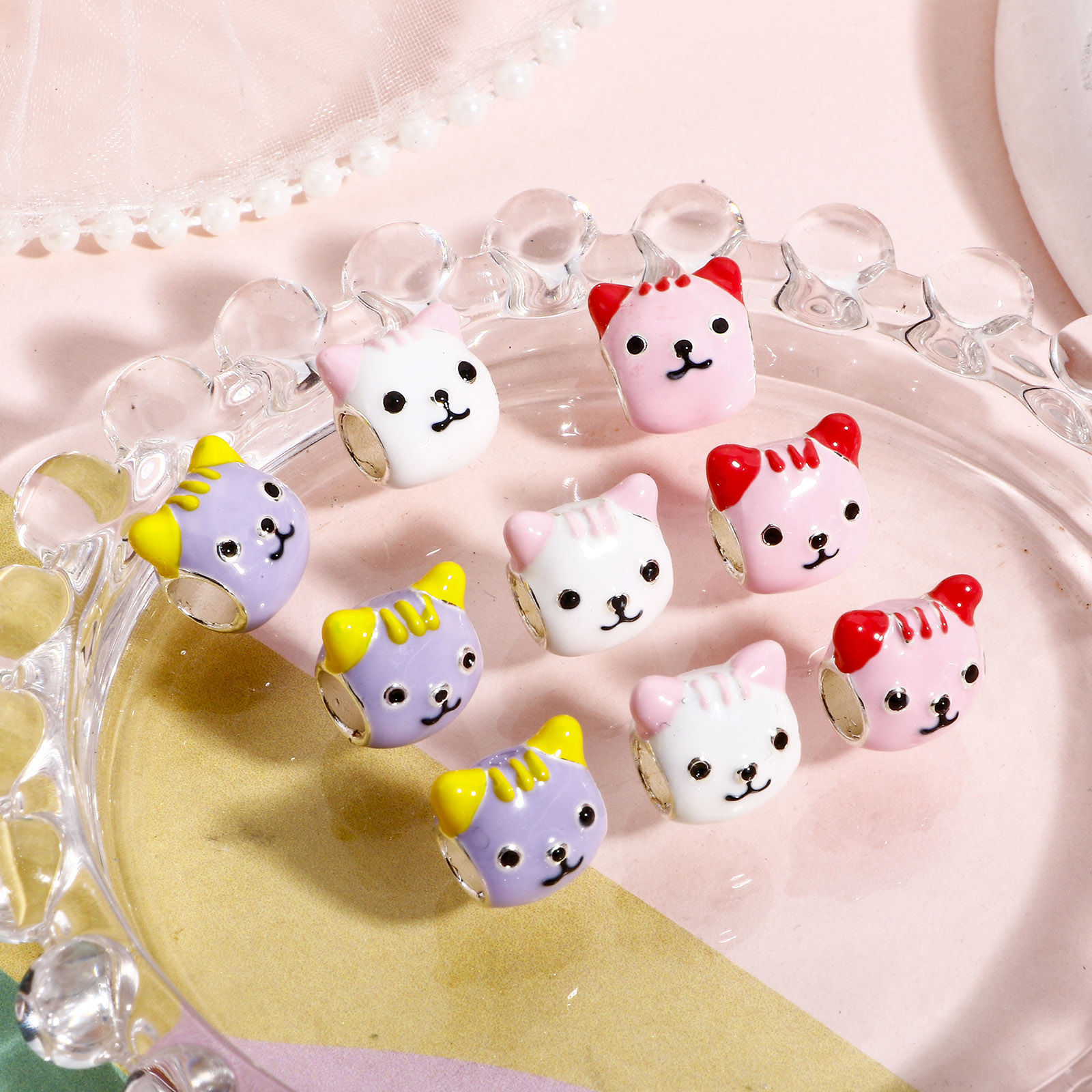 Picture of Zinc Based Alloy European Style Large Hole Charm Beads Multicolor Cat Animal Enamel 11mm x 11mm, Hole: Approx 4.5mm