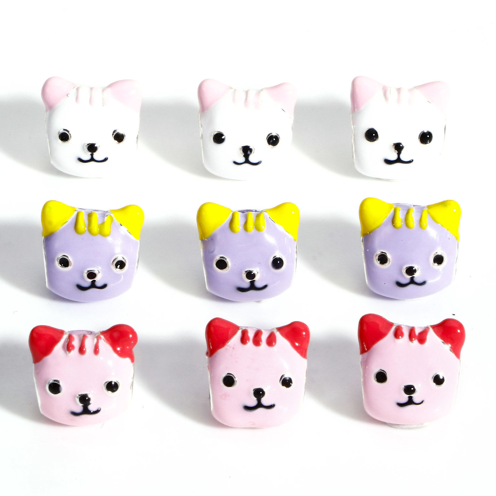 Picture of Zinc Based Alloy European Style Large Hole Charm Beads Multicolor Cat Animal Enamel 11mm x 11mm, Hole: Approx 4.5mm