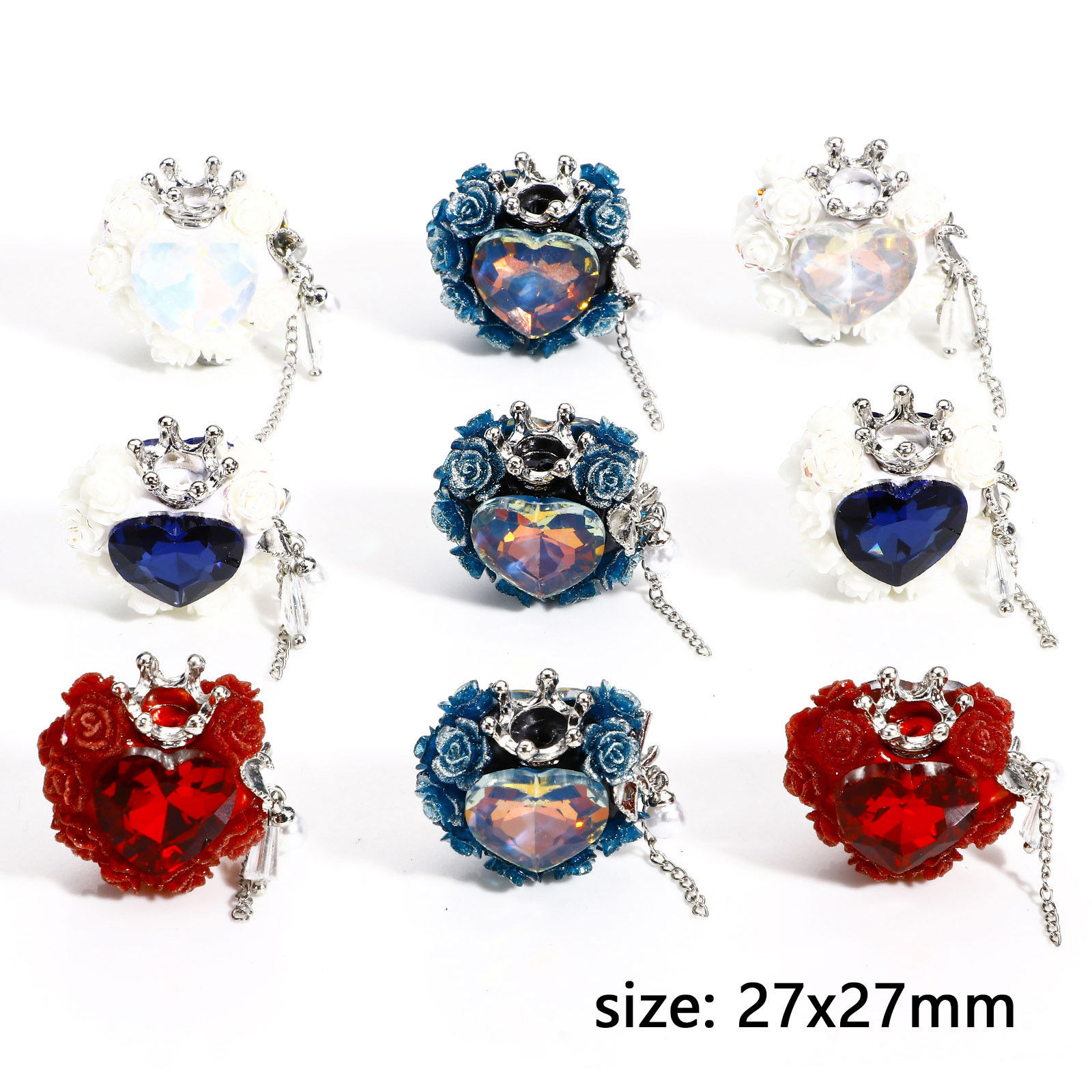 Picture of Zinc Based Alloy & Polymer Clay Baroque Beads For DIY Jewelry Making Heart Multicolor Crown Pattern Rhinestone About 27mm x 27mm, Hole: Approx 2.6mm