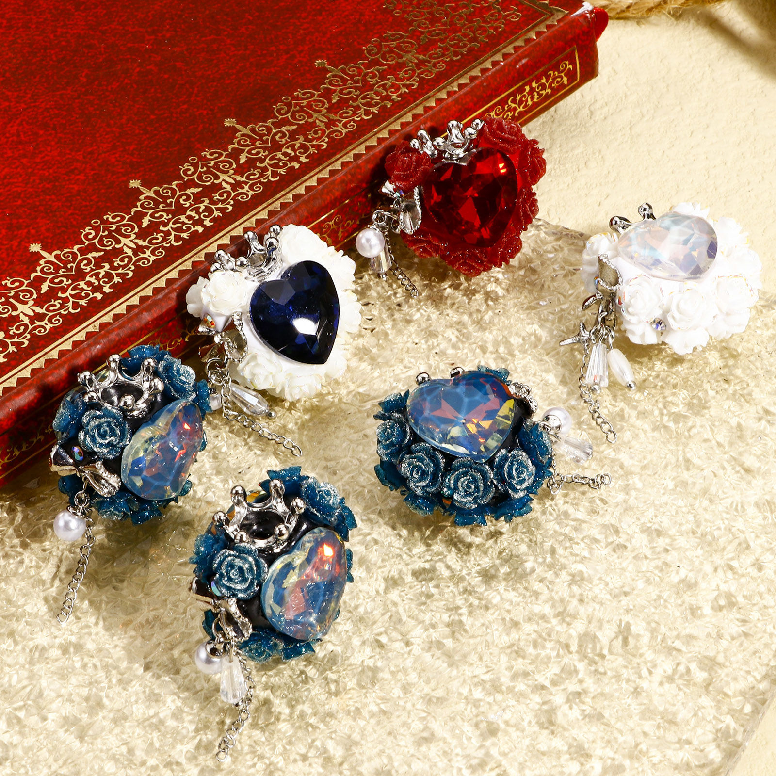 Picture of Zinc Based Alloy & Polymer Clay Baroque Beads For DIY Jewelry Making Heart Multicolor Crown Pattern Rhinestone About 27mm x 27mm, Hole: Approx 2.6mm