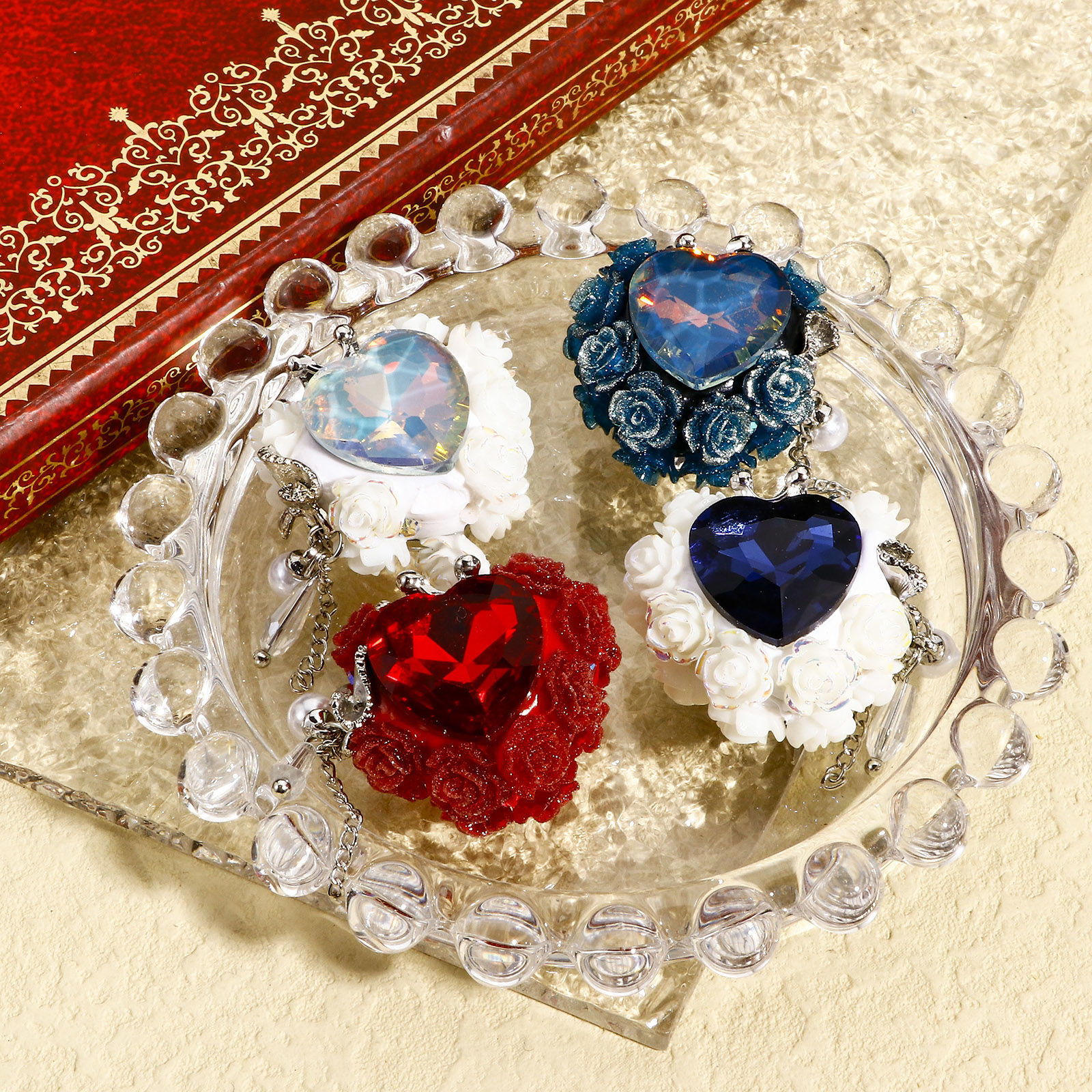 Picture of Zinc Based Alloy & Polymer Clay Baroque Beads For DIY Jewelry Making Heart Multicolor Crown Pattern Rhinestone About 27mm x 27mm, Hole: Approx 2.6mm