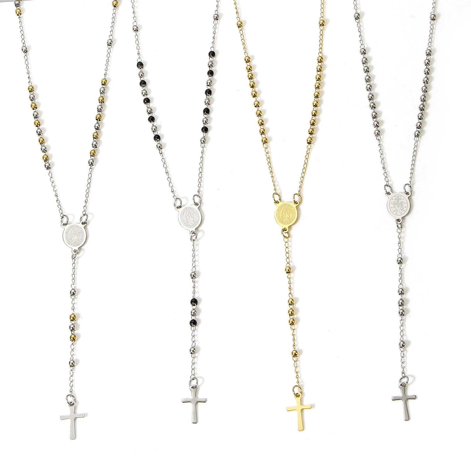 Bild von 1 Strang 304 Edelstahl Religiös Handgefertigte Gliederkette Gebetsperlen Rosenkranz Halskette Kreuz Heilige Maria Mutter Gottes 53cm lang