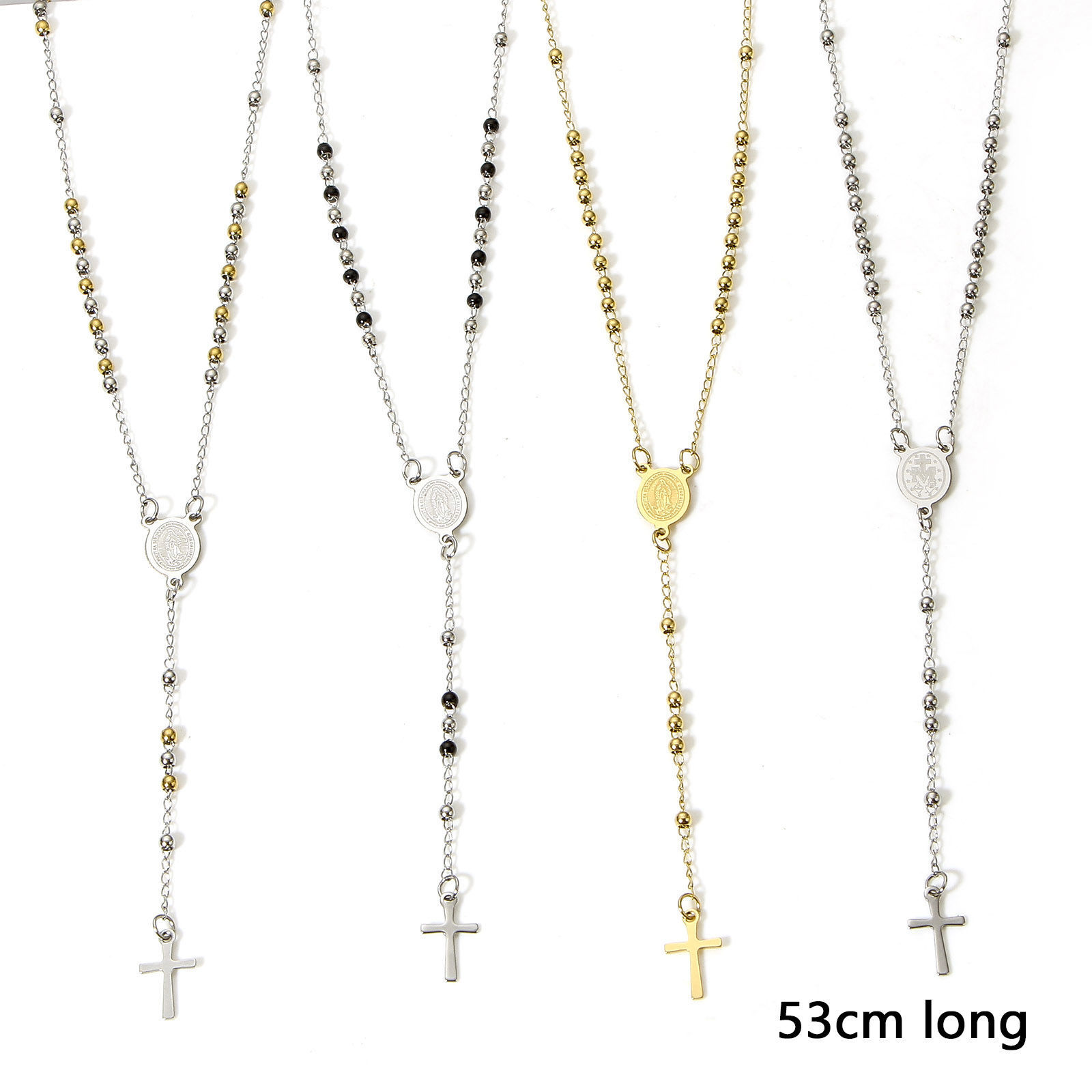 Bild von 1 Strang 304 Edelstahl Religiös Handgefertigte Gliederkette Gebetsperlen Rosenkranz Halskette Kreuz Heilige Maria Mutter Gottes 53cm lang