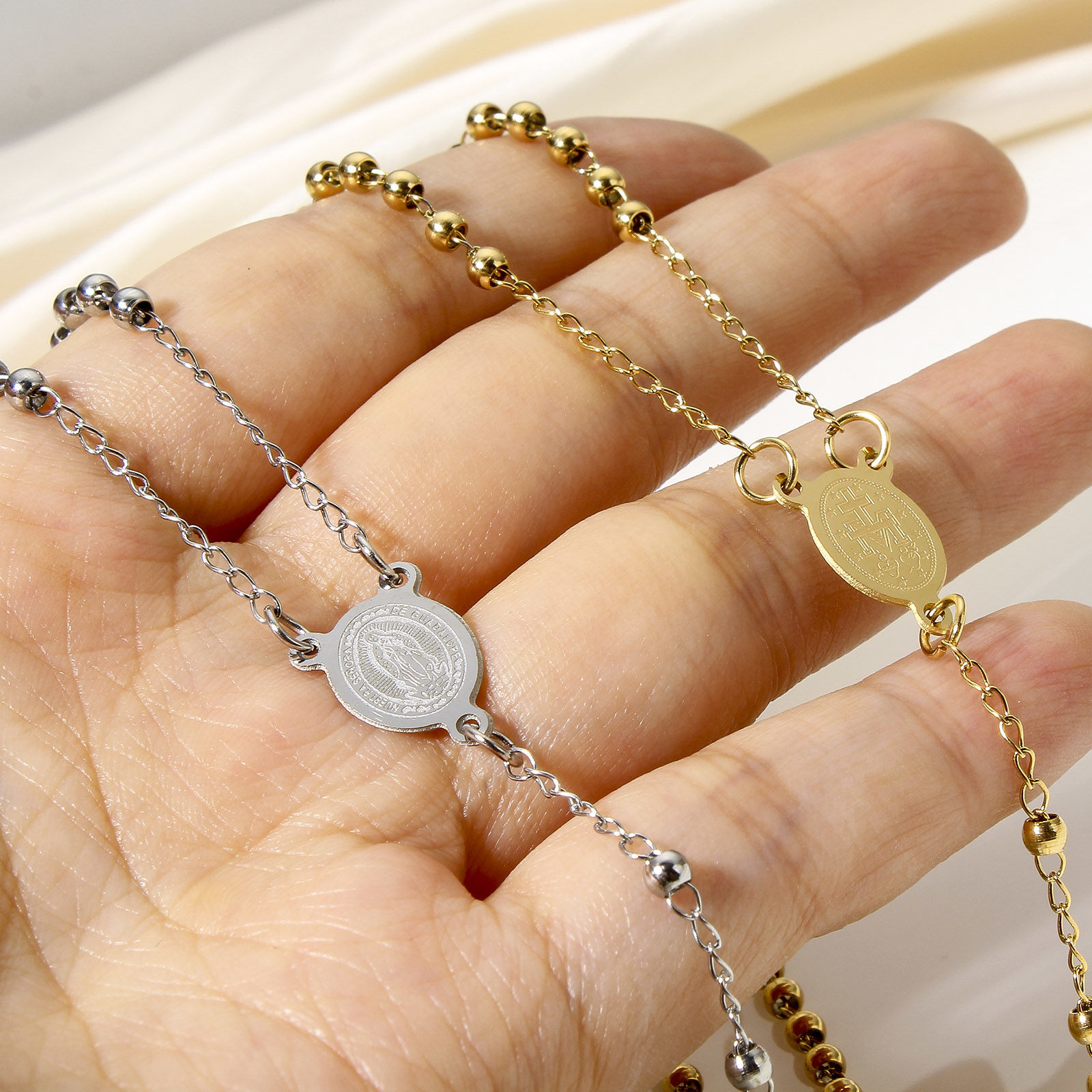 Bild von 1 Strang 304 Edelstahl Religiös Handgefertigte Gliederkette Gebetsperlen Rosenkranz Halskette Kreuz Heilige Maria Mutter Gottes 53cm lang