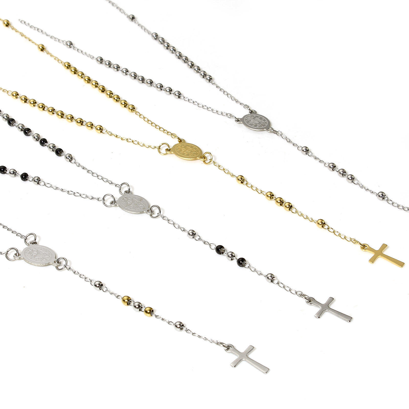 Bild von 1 Strang 304 Edelstahl Religiös Handgefertigte Gliederkette Gebetsperlen Rosenkranz Halskette Kreuz Heilige Maria Mutter Gottes 53cm lang