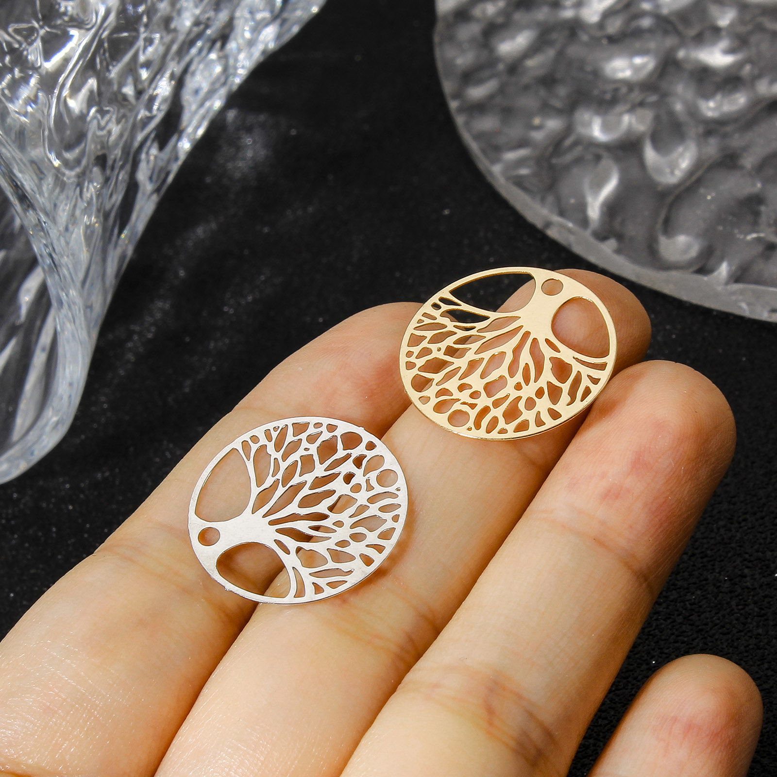 Picture of Iron Based Alloy Filigree Stamping Connectors Charms Pendants Multicolor Round Tree of Life Hollow 20mm Dia.