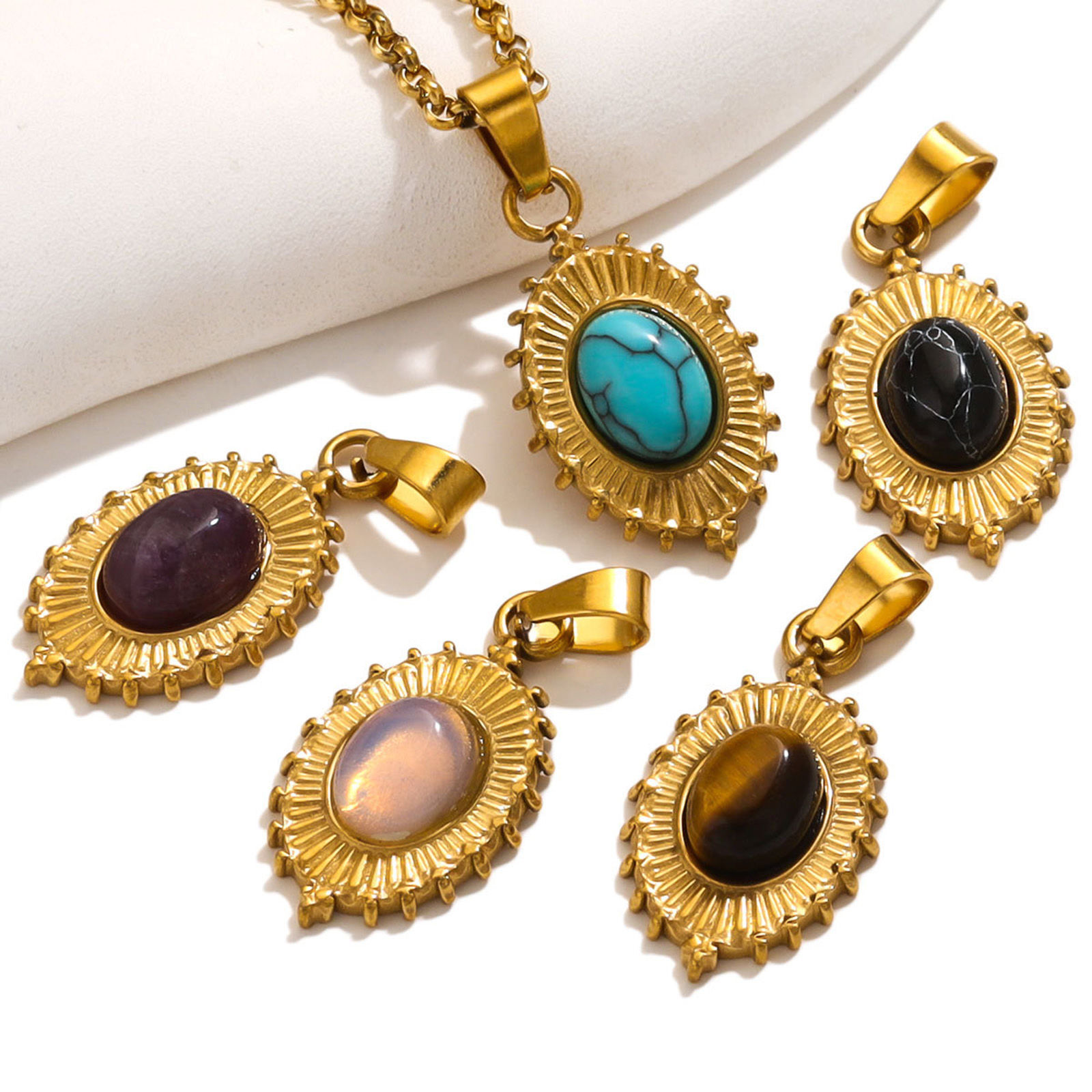 Bild von 1 Stück 304 Edelstahl & Stein Böhmischer Stil Charms Oval 18K Gold plattiert 13mm x 22mm