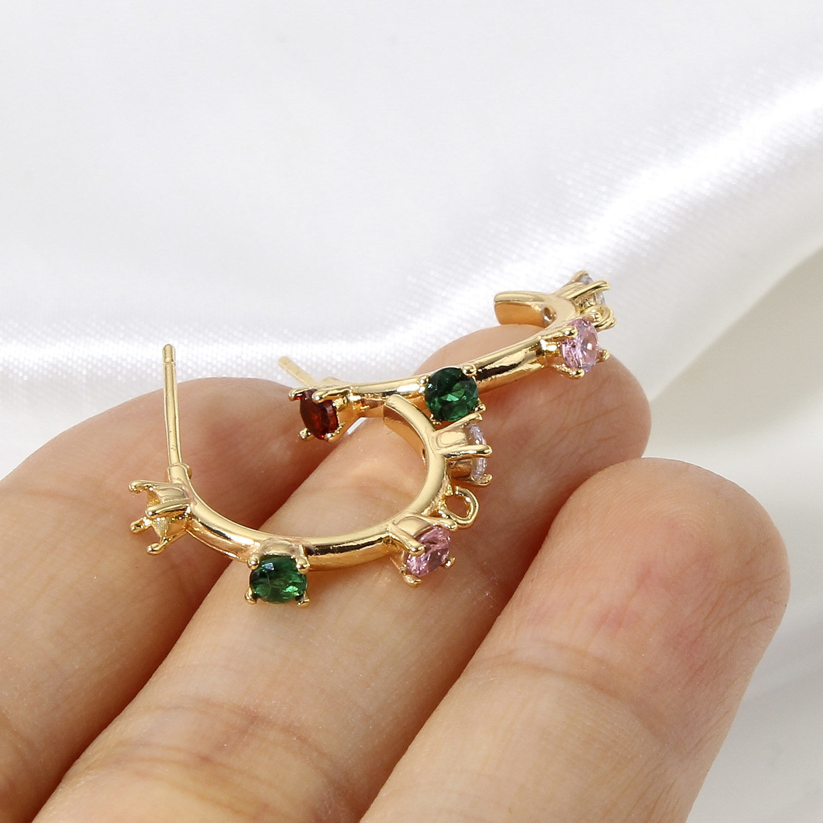 Picture of Brass Simple Ear Post Stud Earring With Loop Connector Accessories Real Gold Plated C Shape Multicolour Cubic Zirconia