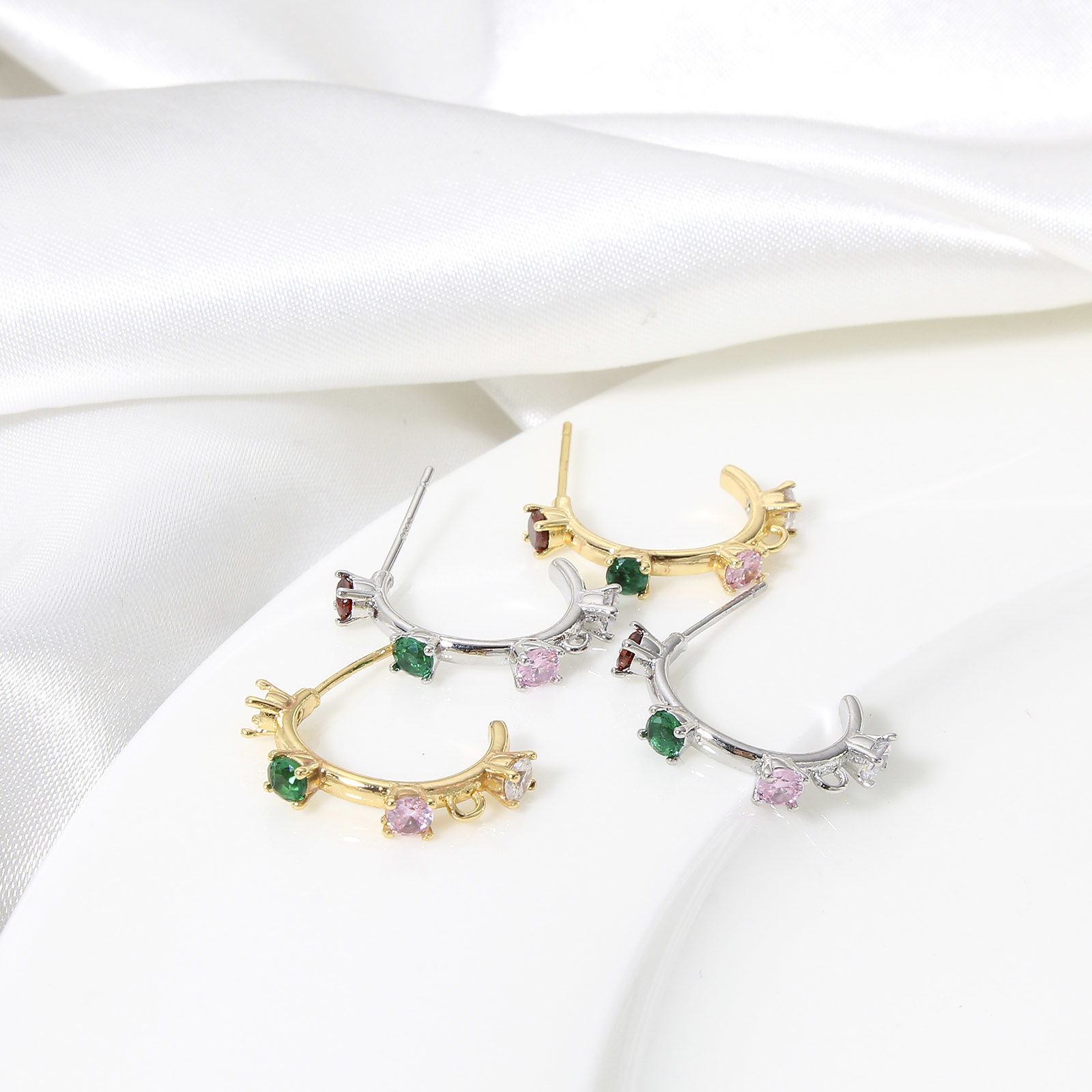 Picture of Brass Simple Ear Post Stud Earring With Loop Connector Accessories Real Gold Plated C Shape Multicolour Cubic Zirconia