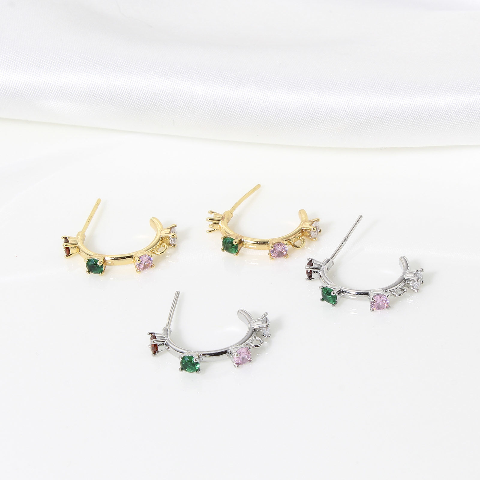 Picture of Brass Simple Ear Post Stud Earring With Loop Connector Accessories Real Gold Plated C Shape Multicolour Cubic Zirconia