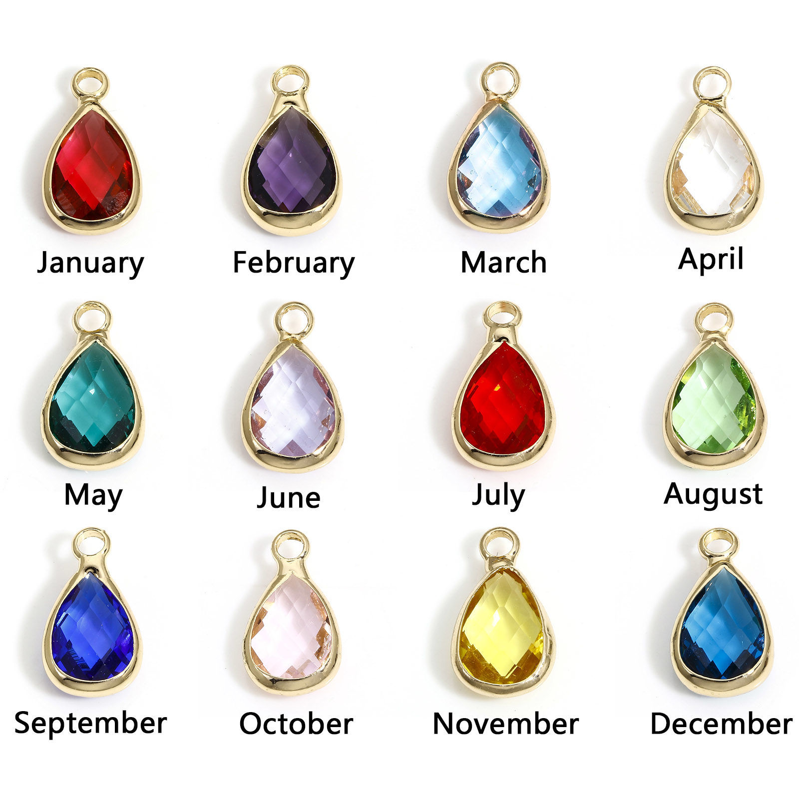 Picture of Brass & Glass Birthstone Charms Gold Plated Multicolor Drop Faceted 14mm x 8mm