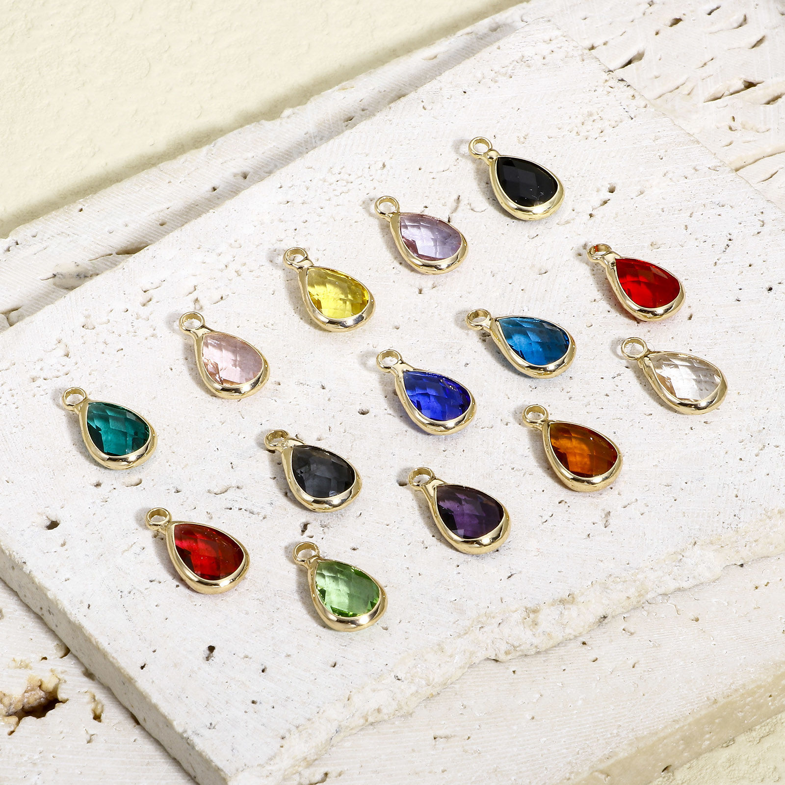 Picture of Brass & Glass Birthstone Charms Gold Plated Multicolor Drop Faceted 14mm x 8mm