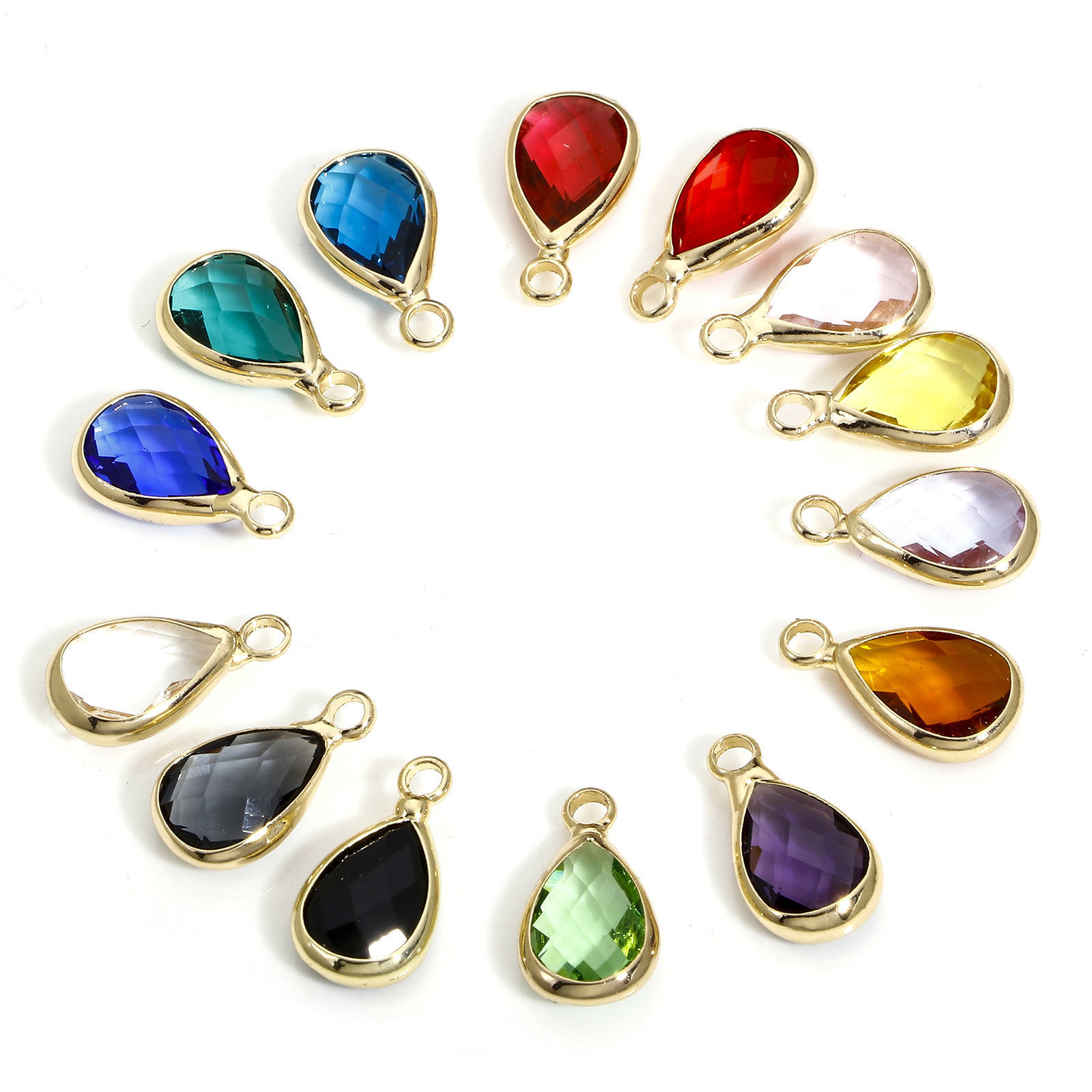 Picture of Brass & Glass Birthstone Charms Gold Plated Multicolor Drop Faceted 14mm x 8mm