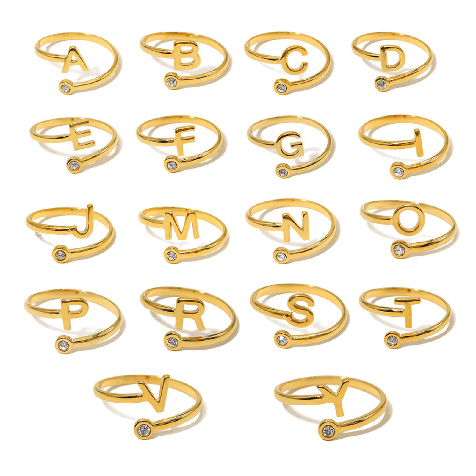 Picture of Eco-friendly Vacuum Plating Simple & Casual Stylish 18K Real Gold Plated 304 Stainless Steel & Rhinestone Open Adjustable Capital Alphabet/ Letter Message " A-Z " Rings For Women Birthday