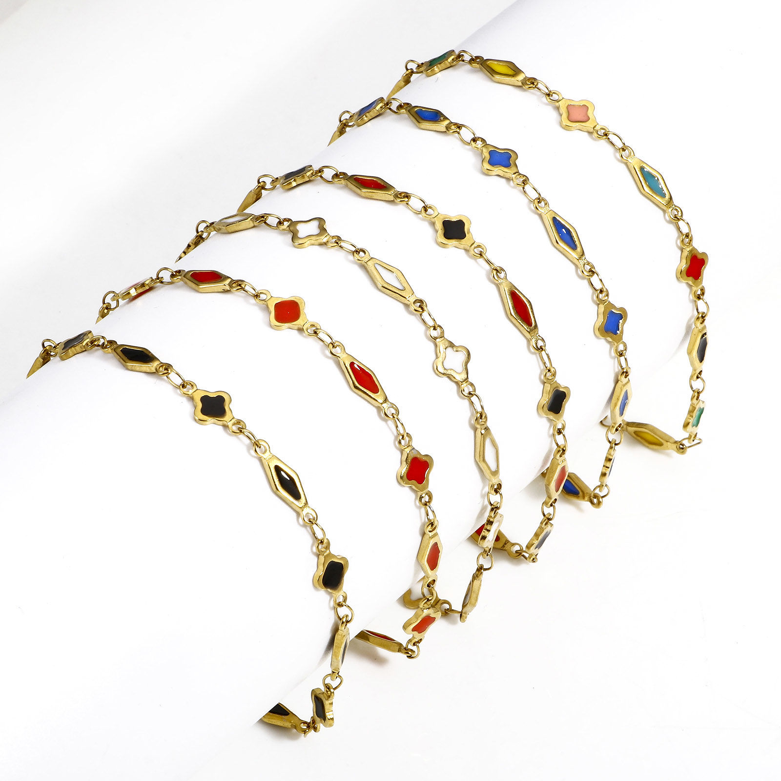 Bild von 1 Strang Umweltfreundliche Vakuumbeschichtung 304 Edelstahl Handgefertigte Gliederkette Armband 18K Gold plattiert Geometrie Doppelseitige Emaille 16cm lang