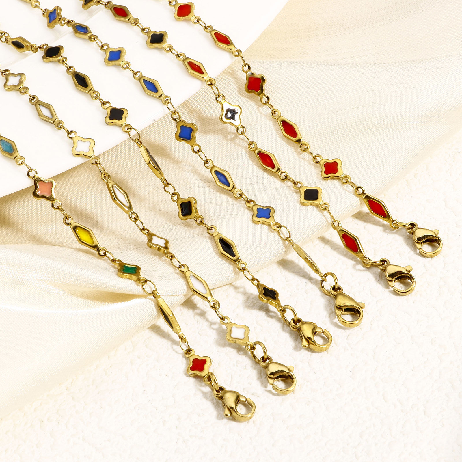 Bild von 1 Strang Umweltfreundliche Vakuumbeschichtung 304 Edelstahl Handgefertigte Gliederkette Armband 18K Gold plattiert Geometrie Doppelseitige Emaille 16cm lang