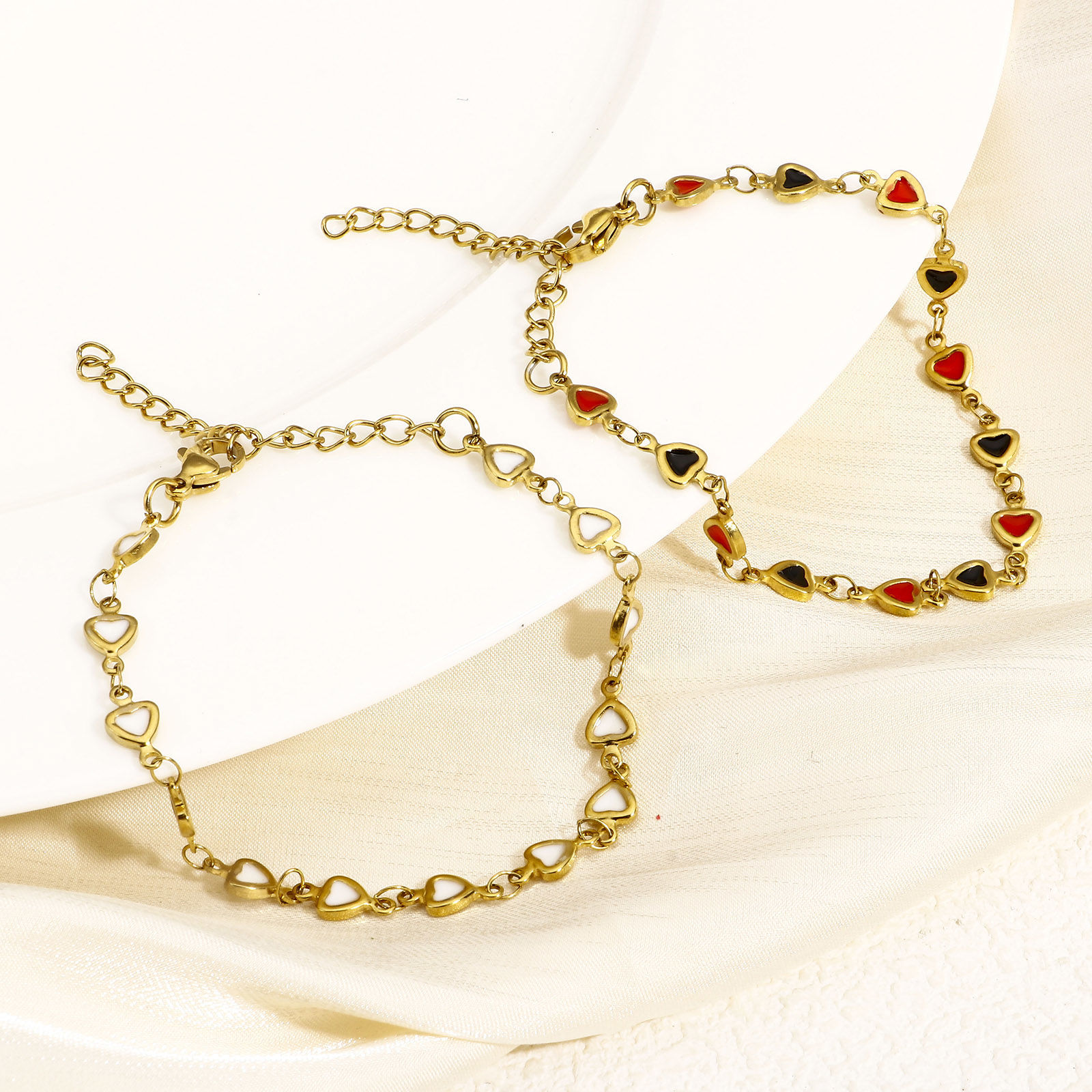 Bild von 1 Strang Umweltfreundliche Vakuumbeschichtung 304 Edelstahl Valentinstag Handgefertigte Gliederkette Armband 18K Gold plattiert Herz Doppelseitige Emaille 17cm lang