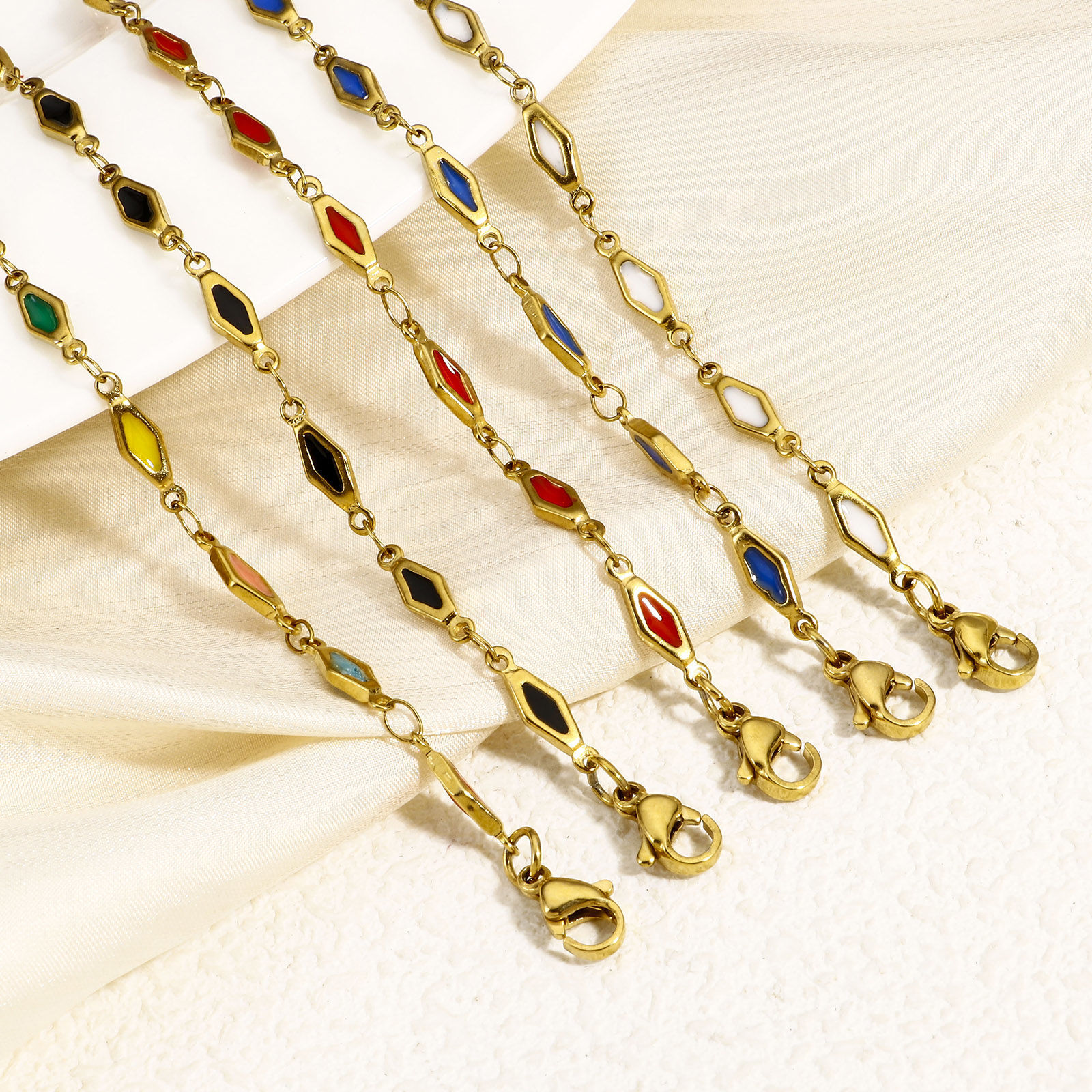 Picture of Eco-friendly Vacuum Plating 304 Stainless Steel Handmade Link Chain Bracelets 18K Gold Plated Rhombus Double-sided Enamel 17.5cm(6 7/8") long