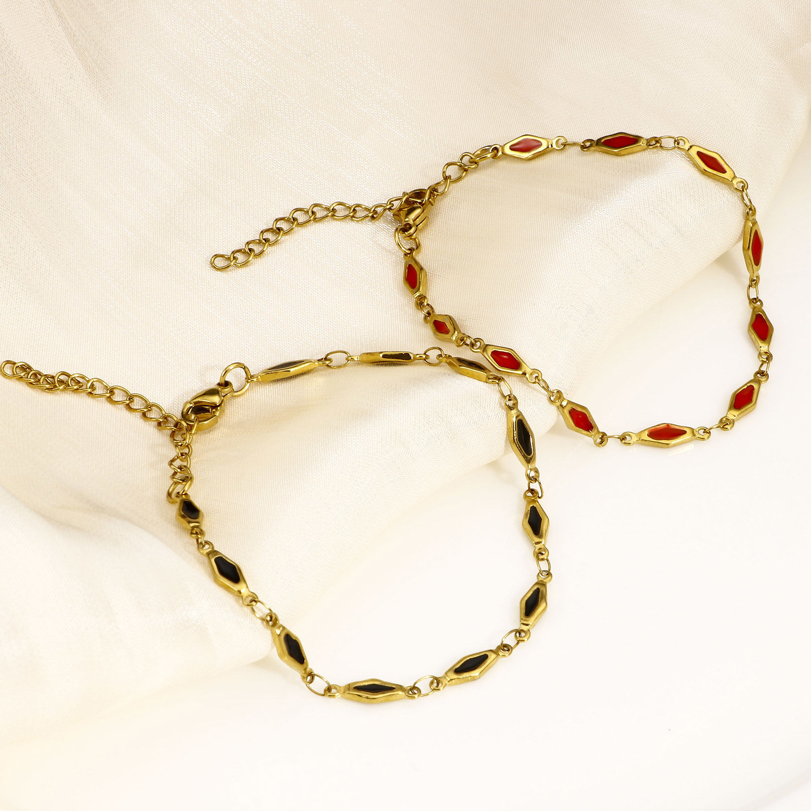 Picture of Eco-friendly Vacuum Plating 304 Stainless Steel Handmade Link Chain Bracelets 18K Gold Plated Rhombus Double-sided Enamel 17.5cm(6 7/8") long