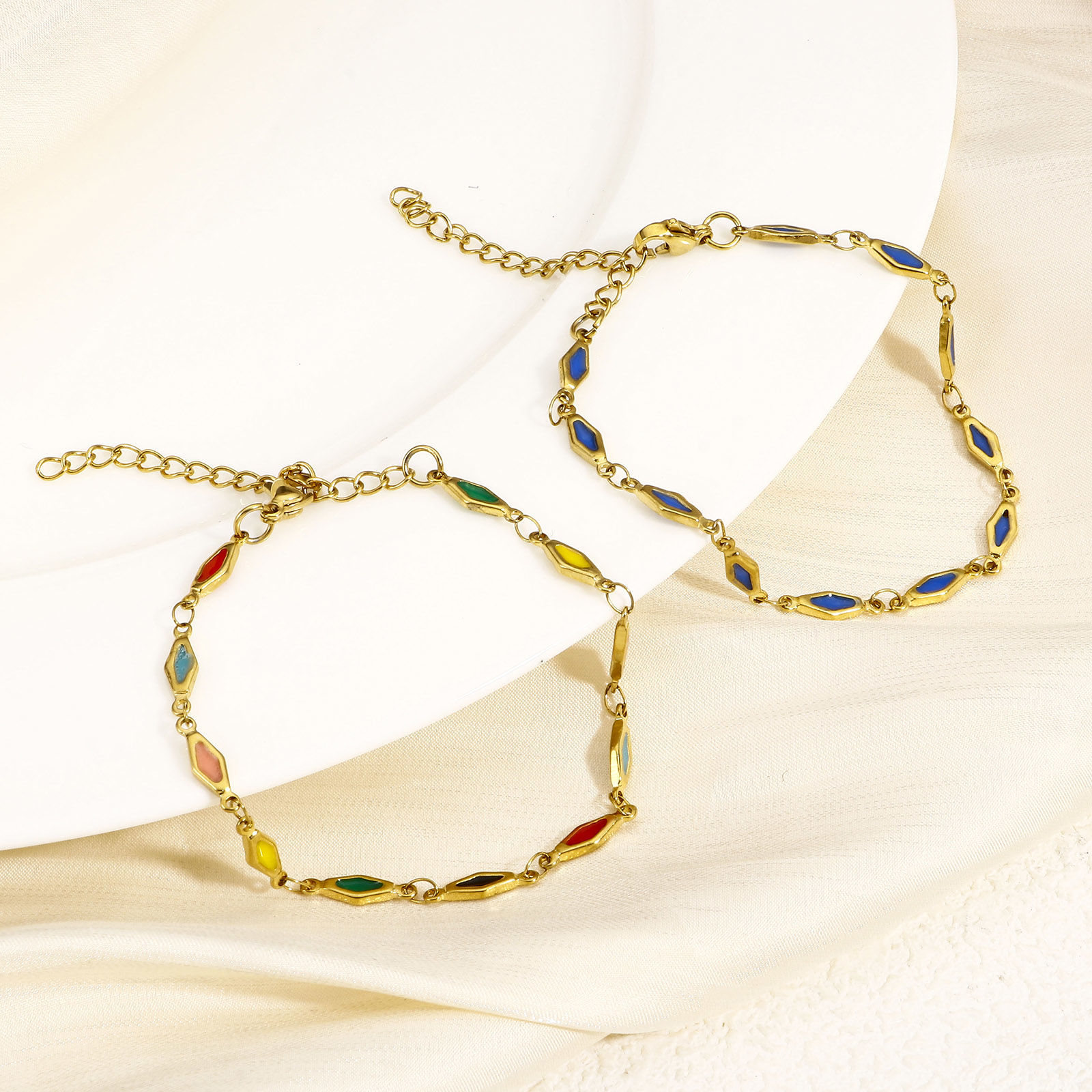 Picture of Eco-friendly Vacuum Plating 304 Stainless Steel Handmade Link Chain Bracelets 18K Gold Plated Rhombus Double-sided Enamel 17.5cm(6 7/8") long