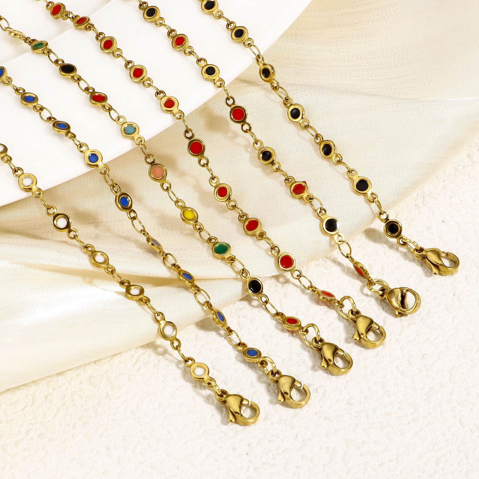 Bild von 1 Strang Umweltfreundliche Vakuumbeschichtung 304 Edelstahl Handgefertigte Gliederkette Armband 18K Gold plattiert Herz Doppelseitige Emaille 17cm lang