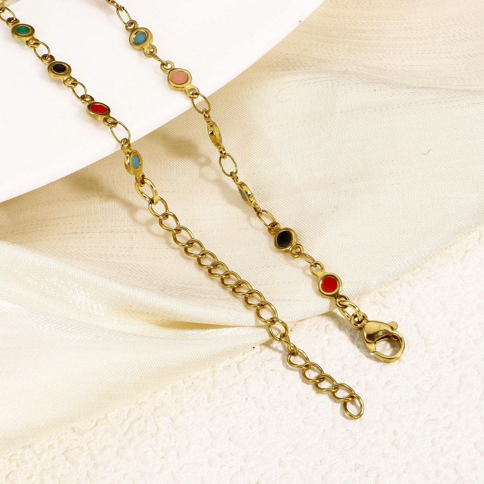 Bild von 1 Strang Umweltfreundliche Vakuumbeschichtung 304 Edelstahl Handgefertigte Gliederkette Armband 18K Gold plattiert Herz Doppelseitige Emaille 17cm lang