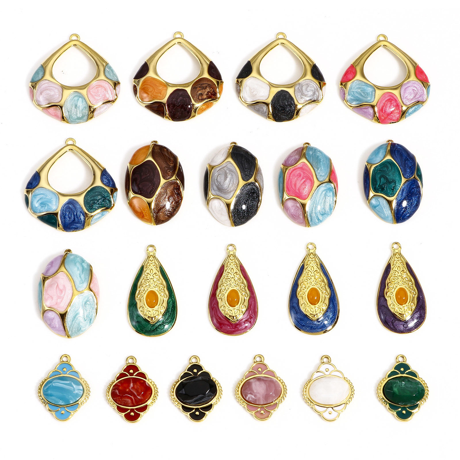 Picture of 304 Stainless Steel & Stone Style Of Royal Court Character Charms Gold Plated Multicolor Oval Carved Pattern Enamel