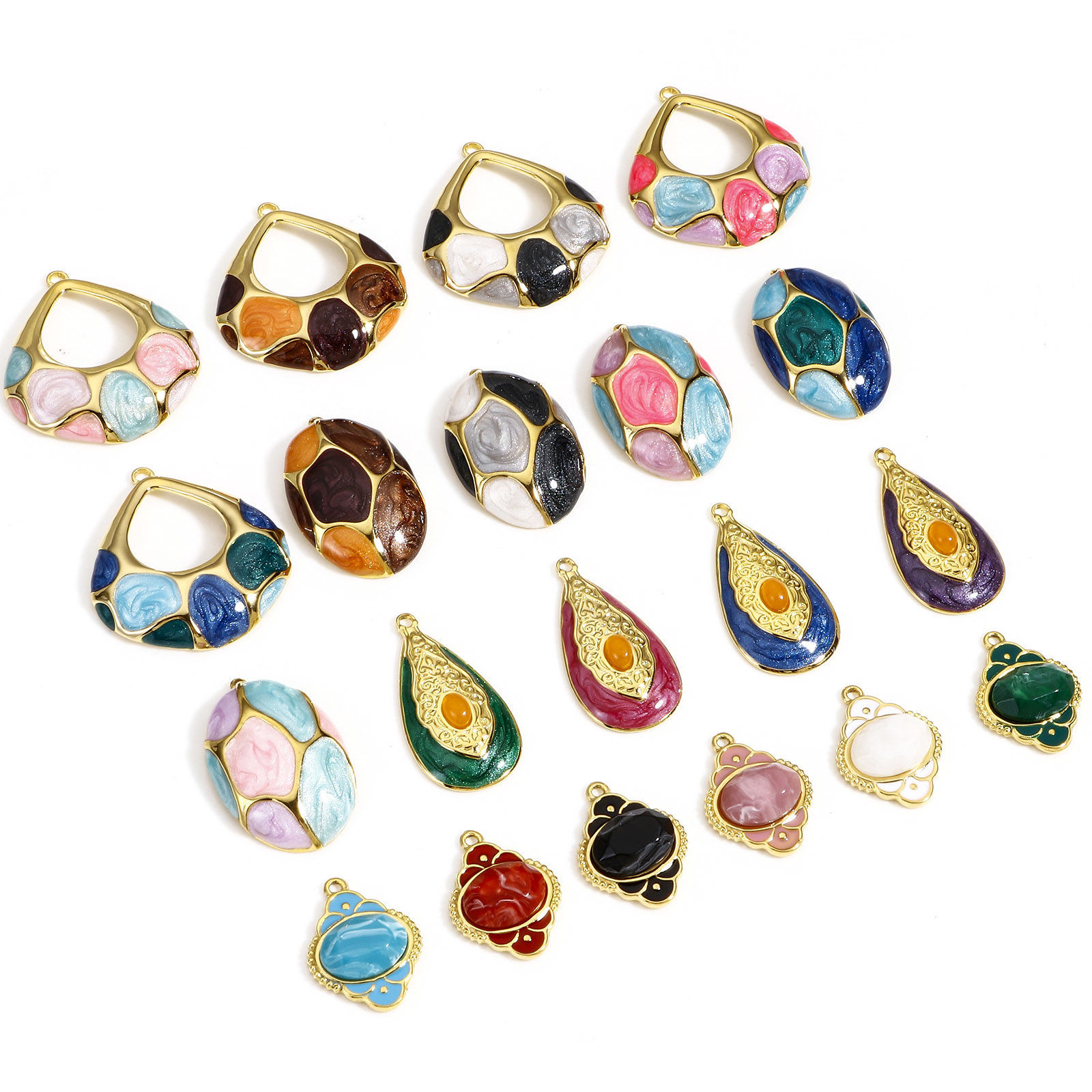 Picture of 304 Stainless Steel & Stone Style Of Royal Court Character Charms Gold Plated Multicolor Oval Carved Pattern Enamel