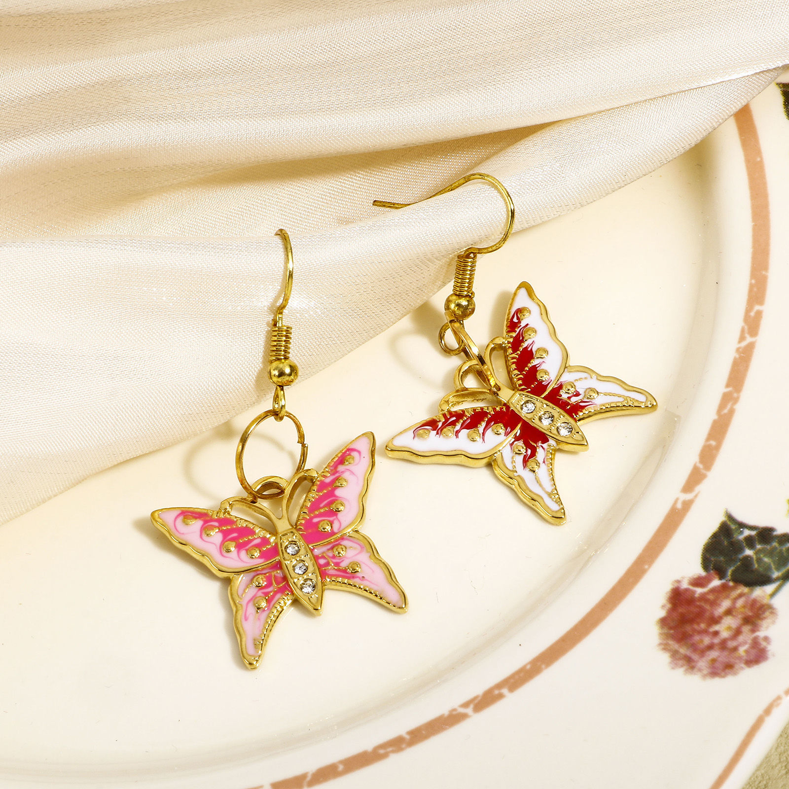 Bild von 1 Stück 304 Edelstahl Insekt Charms Schmetterling Vergoldet Bunt Emaille Transparent Strass