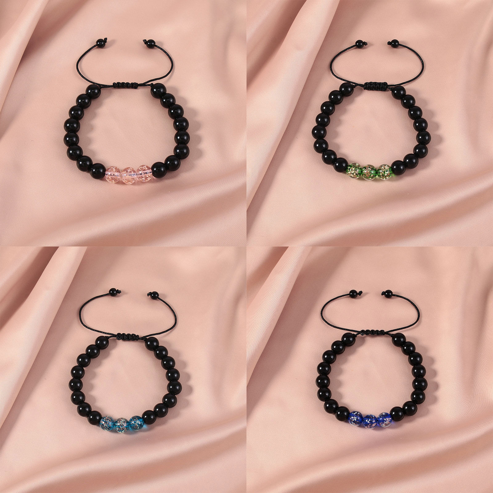 Picture of Natural Obsidian Glow In The Dark Adjustable Dainty Bracelets Delicate Bracelets Beaded Bracelet Round 30cm(11 6/8") long - 18cm(7 1/8") long