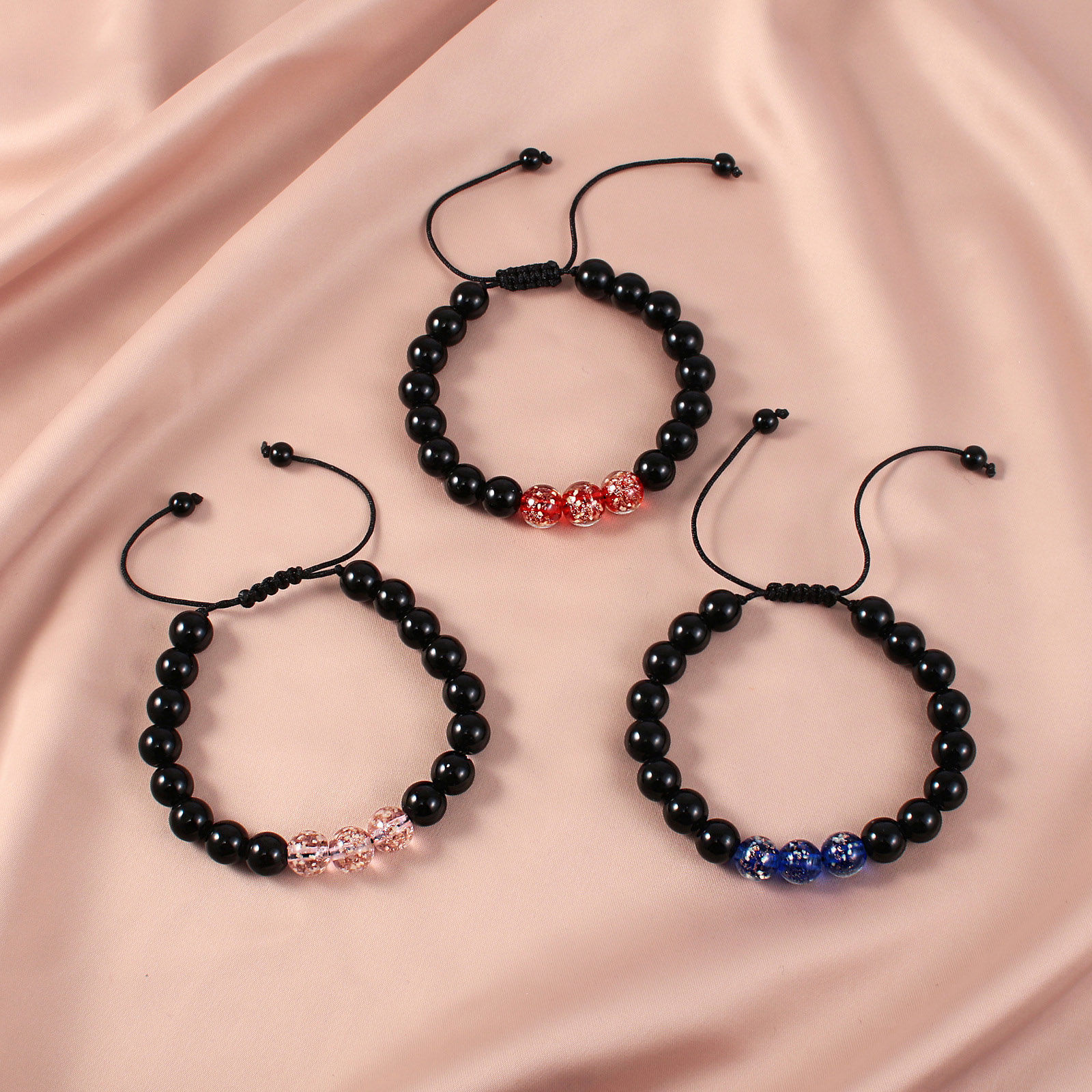 Picture of Natural Obsidian Glow In The Dark Adjustable Dainty Bracelets Delicate Bracelets Beaded Bracelet Round 30cm(11 6/8") long - 18cm(7 1/8") long