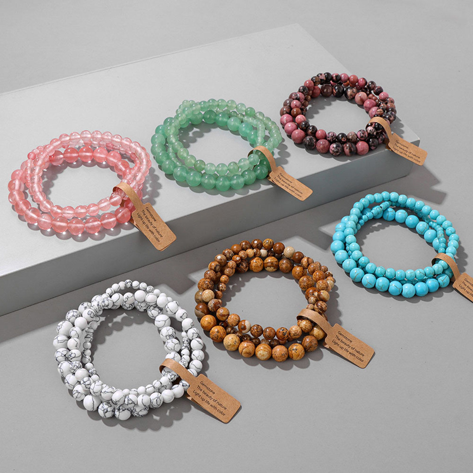 Picture of 4mm/6mm/8mm Natural Gemstone Dainty Bracelets Delicate Bracelets Beaded Bracelet Multicolor Round 19cm(7 4/8") long