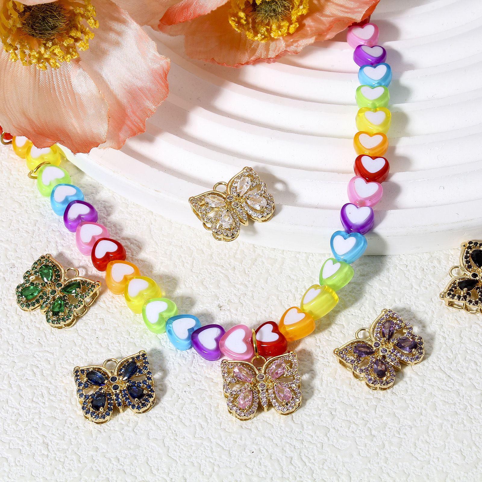 Picture of Brass & Glass Insect Charms Gold Plated Multicolor Butterfly Animal Micro Pave 17mm x 15mm