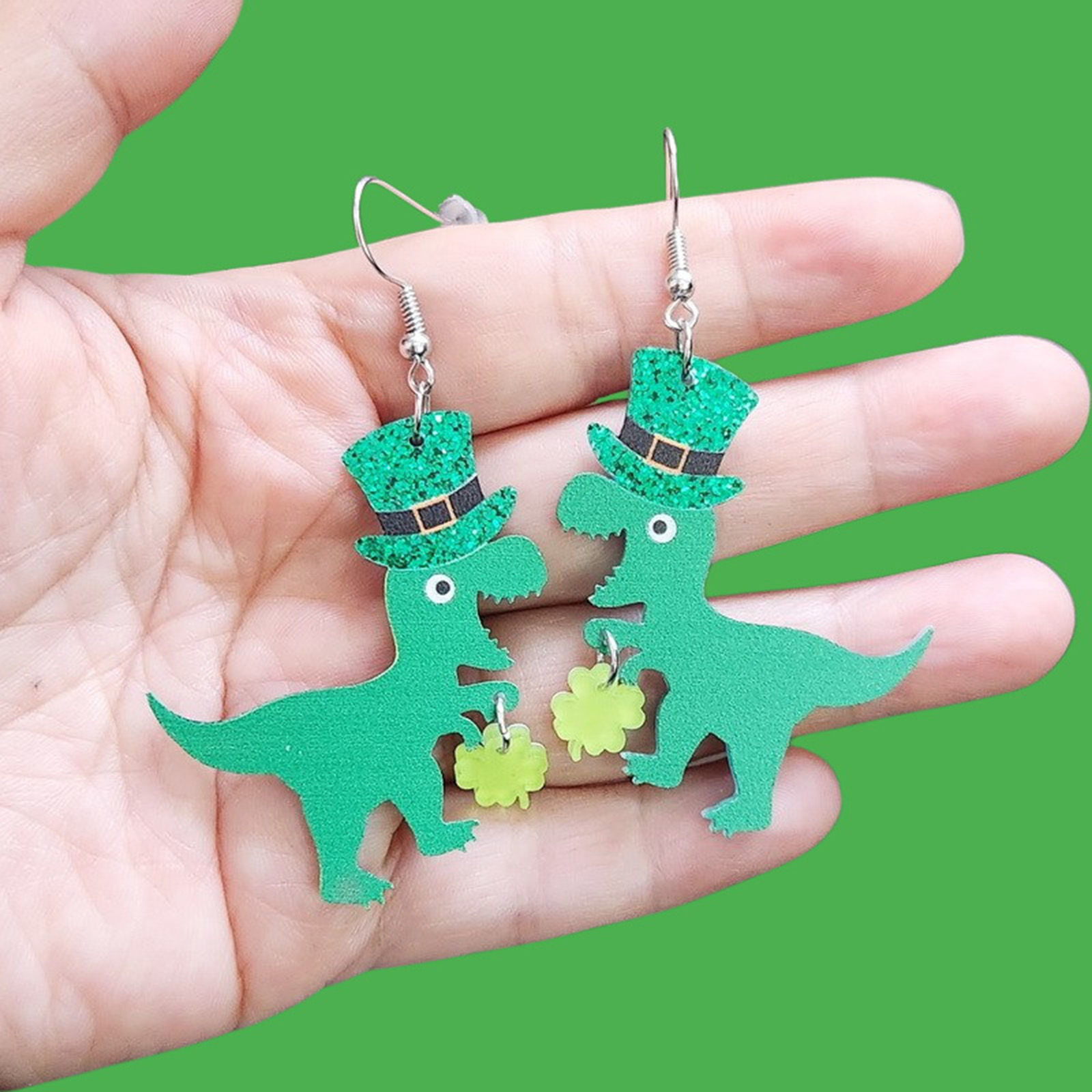 Imagen de 1 Par Acrílico Día de San Patricio Pendientes Multicolor Dinosaurio Sombrero