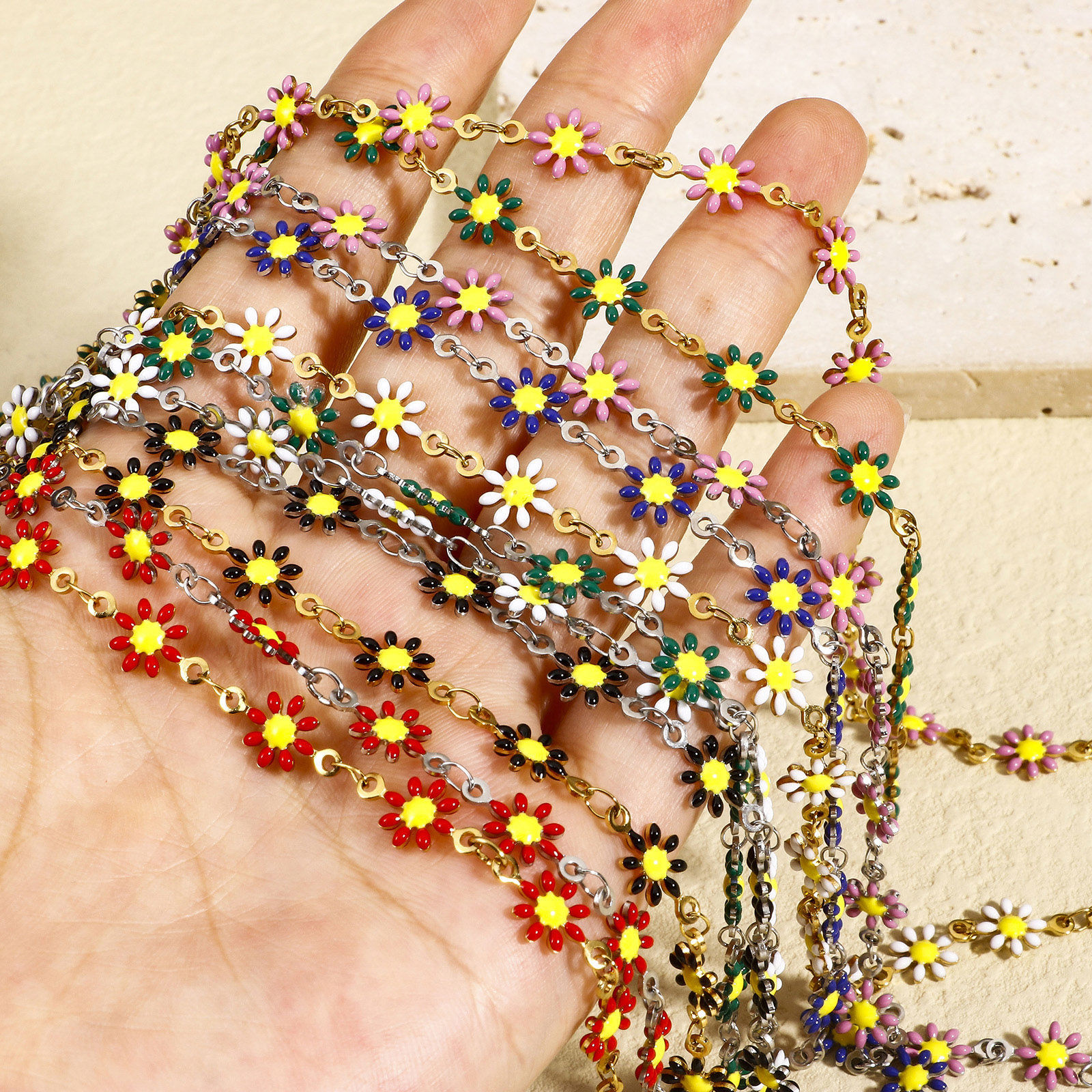 Bild von 1 Meter 304 Edelstahl Handgefertigte Gliederkette Für handgefertigte Schmuckherstellung Gänseblümchen Doppelseitige Emaille 7.5mm