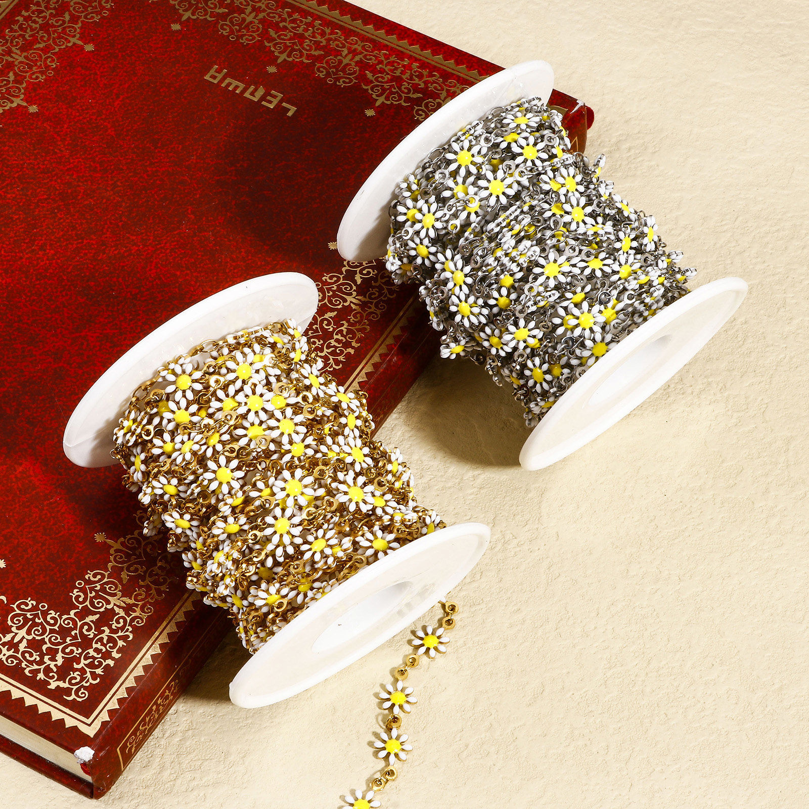 Bild von 1 Meter 304 Edelstahl Handgefertigte Gliederkette Für handgefertigte Schmuckherstellung Gänseblümchen Doppelseitige Emaille 7.5mm