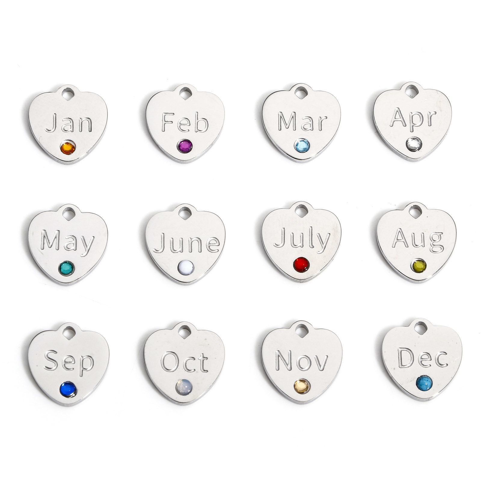 Immagine di 1 Pz 304 Acciaio Inossidabile Pietre Nascita Charms Cuore Tono Argento Multicolore Strass