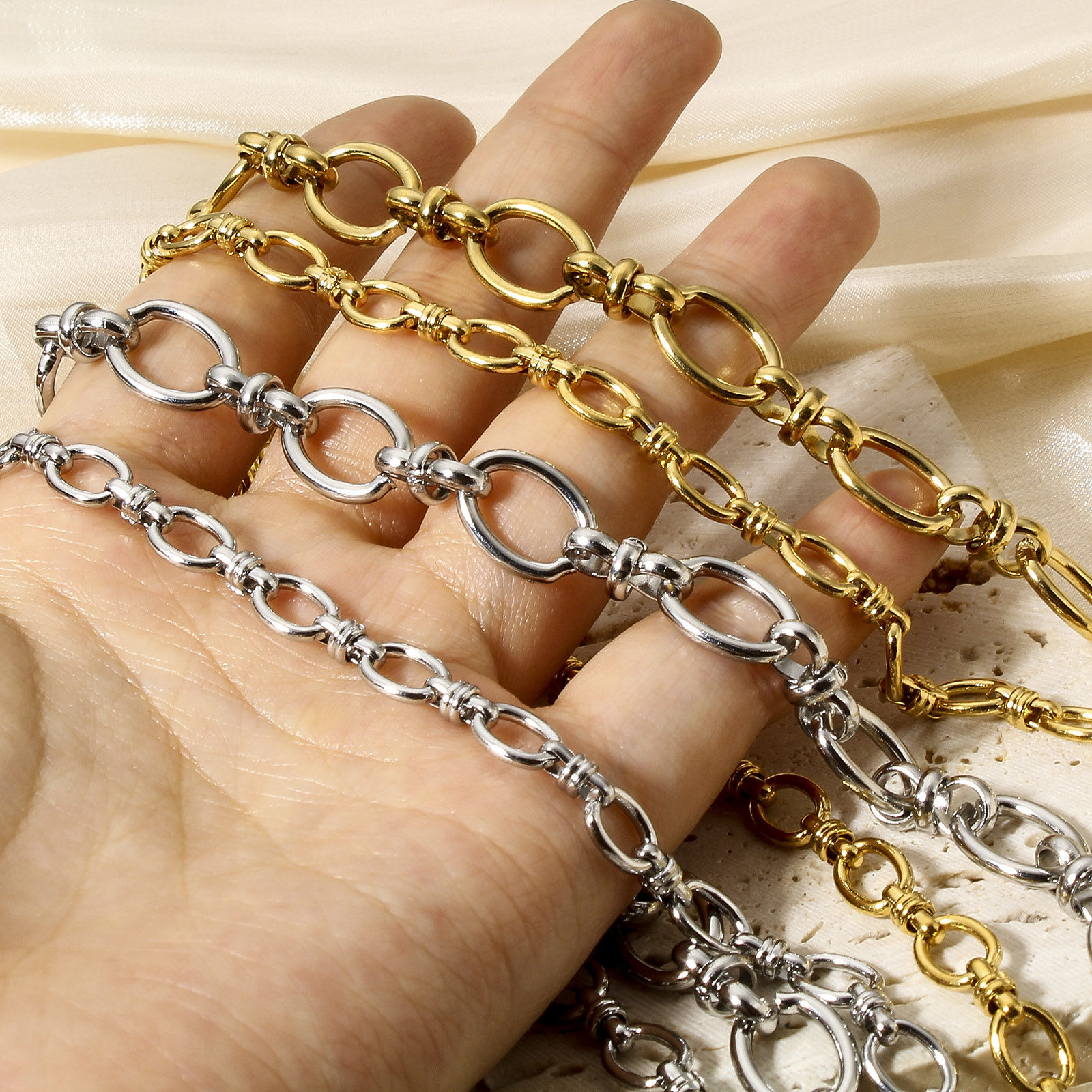 Picture of Eco-friendly Vacuum Plating 304 Stainless Steel Handmade Link Chain Necklace For DIY Jewelry Making With Lobster Claw Clasp And Extender Chain 40cm(15 6/8") long