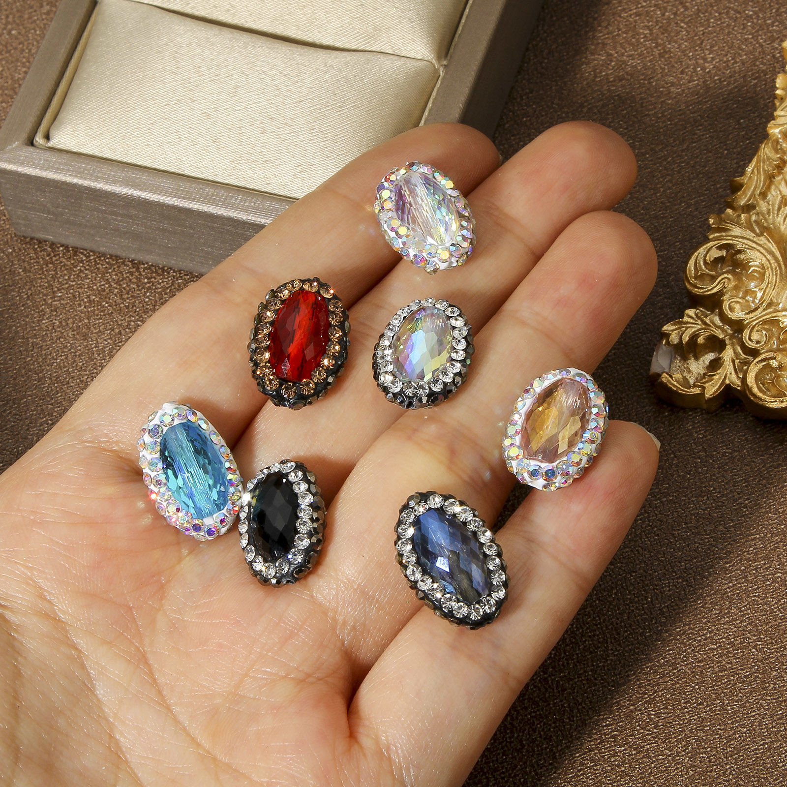 Picture of Glass Beads For DIY Jewelry Making Oval Multicolor Rhinestone About 17mm x 12mm, Hole: Approx 0.5mm