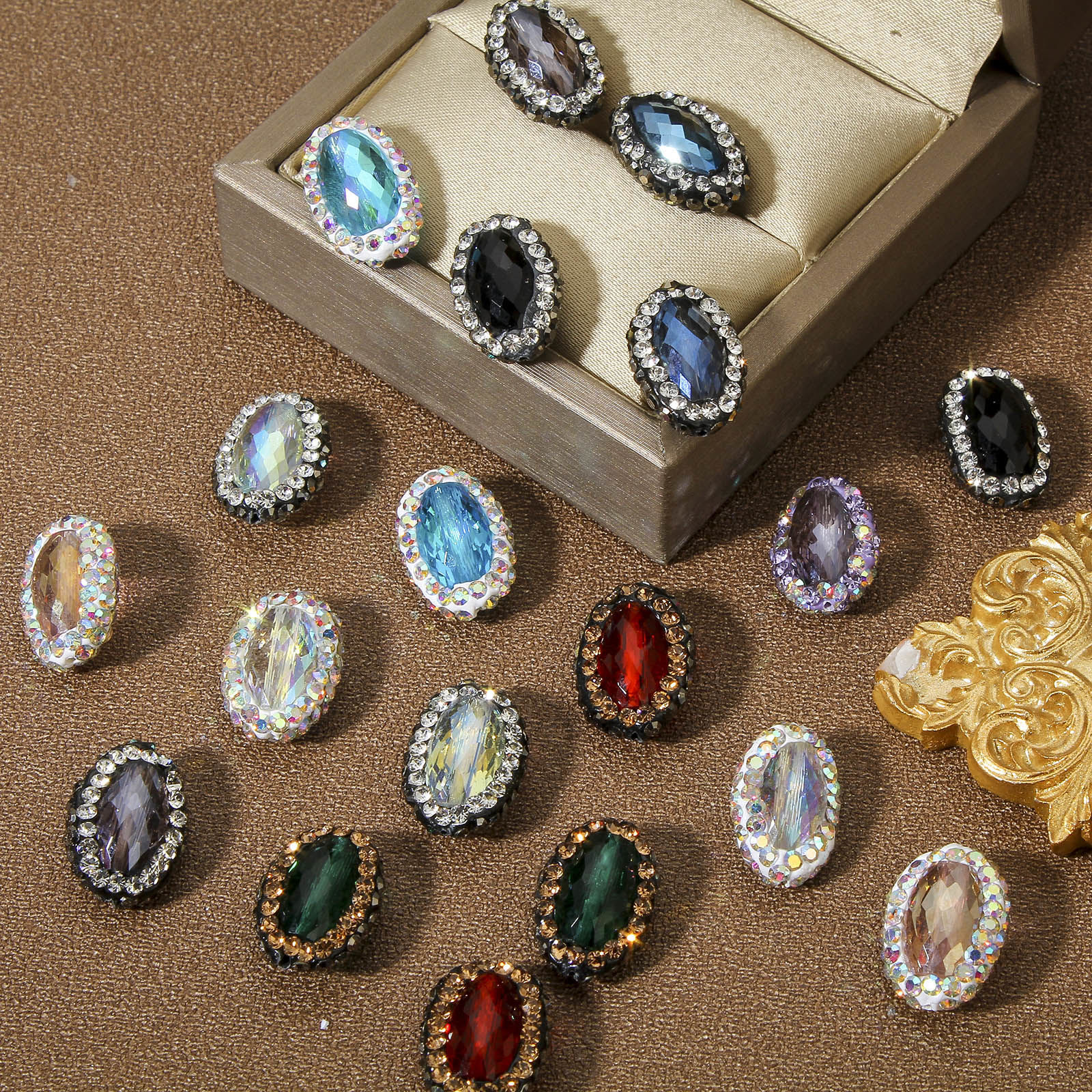 Picture of Glass Beads For DIY Jewelry Making Oval Multicolor Rhinestone About 17mm x 12mm, Hole: Approx 0.5mm