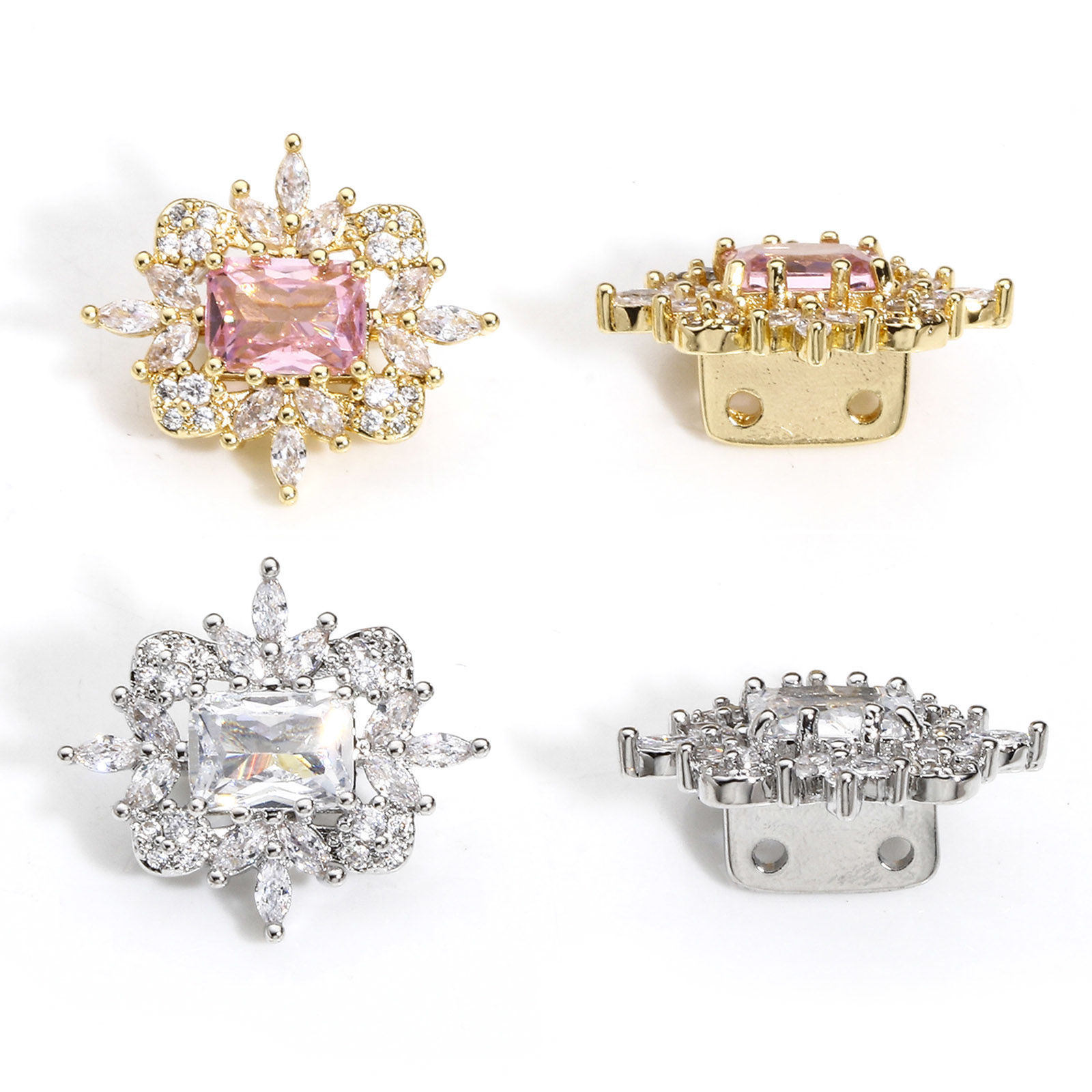 Picture of Brass Style Of Royal Court Character Beads For DIY Jewelry Making Real Gold Plated Rectangle Clear Rhinestone