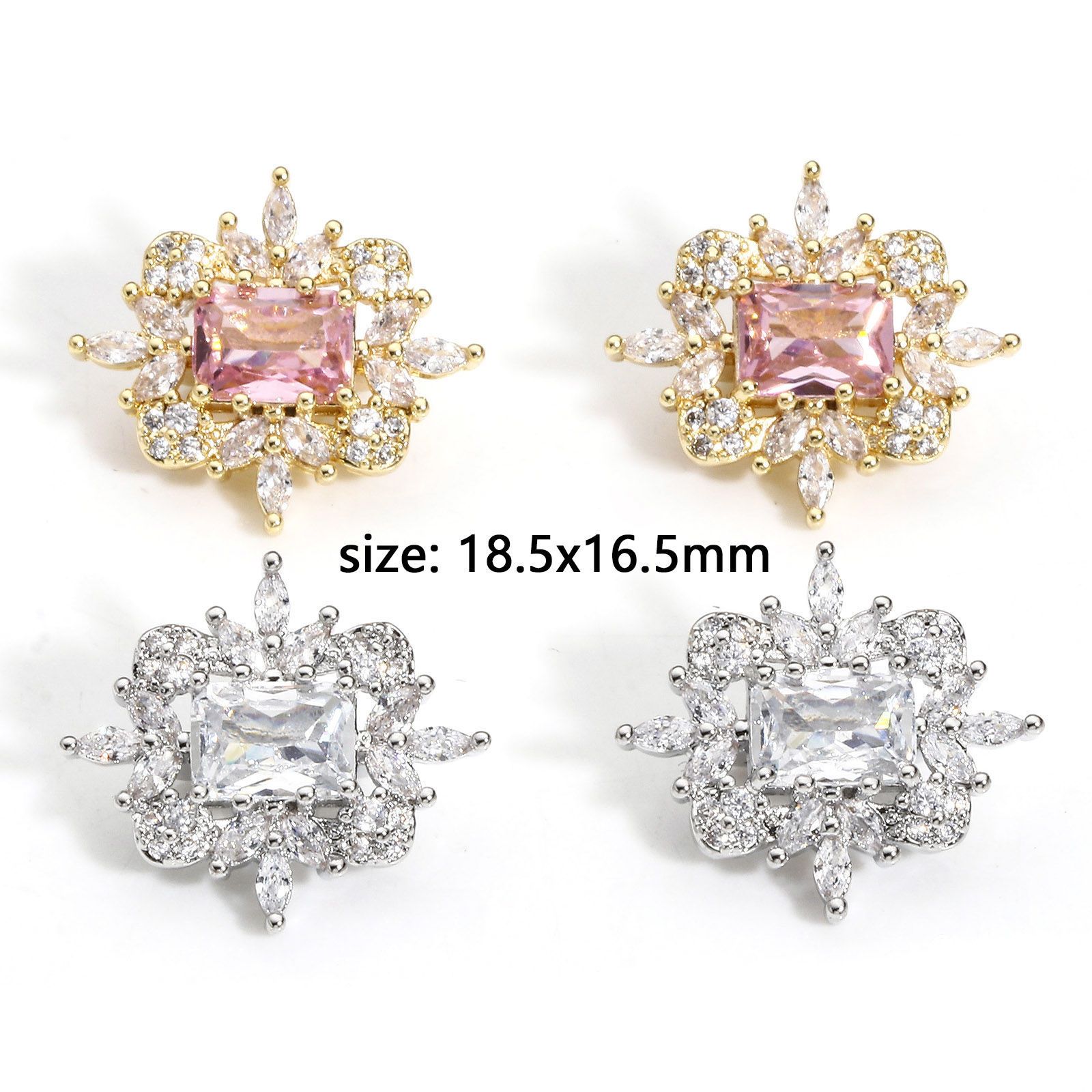 Picture of Brass Style Of Royal Court Character Beads For DIY Jewelry Making Real Gold Plated Rectangle Clear Rhinestone
