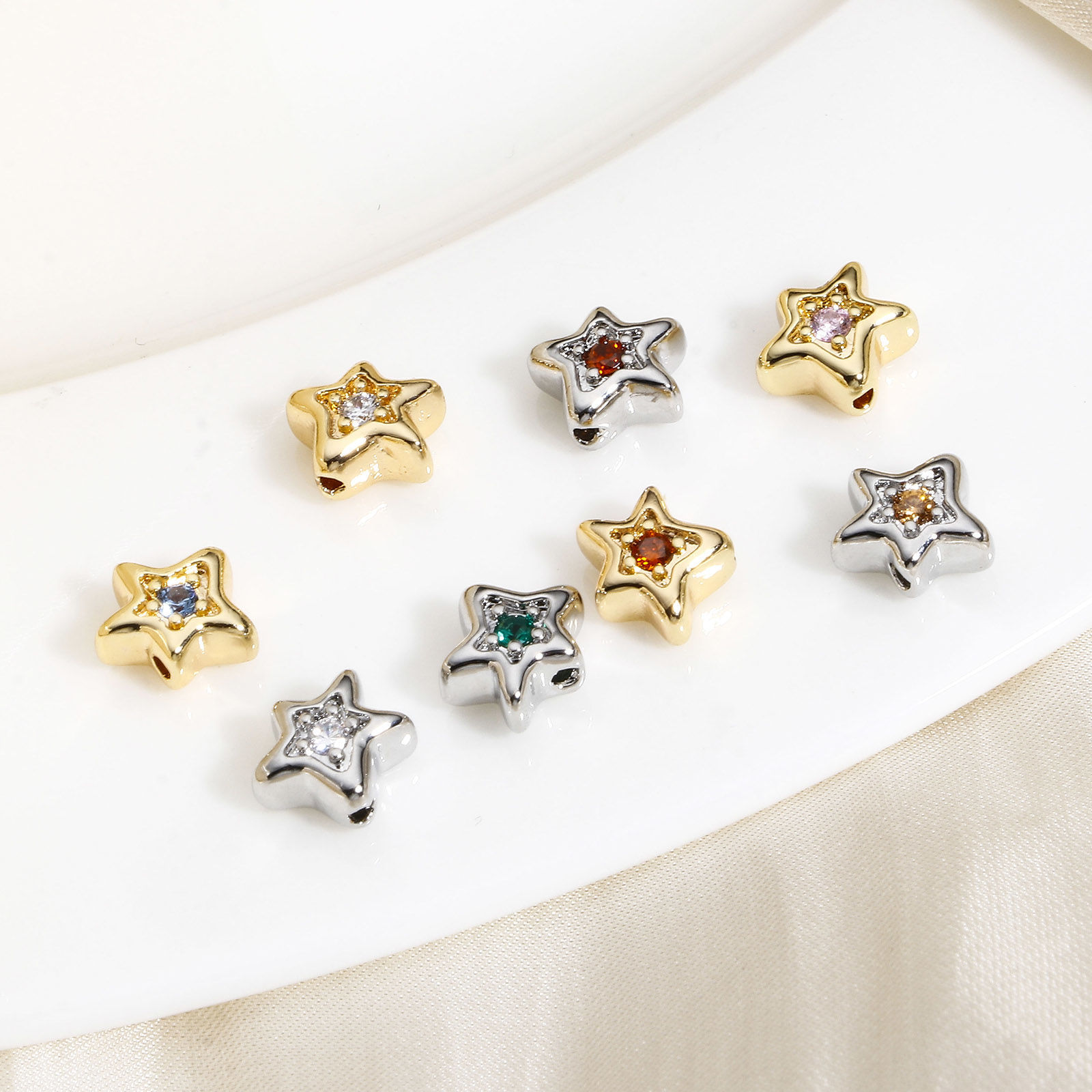 Picture of Brass Stylish Beads For DIY Jewelry Making Real Gold Plated Pentagram Star Multicolor Rhinestone