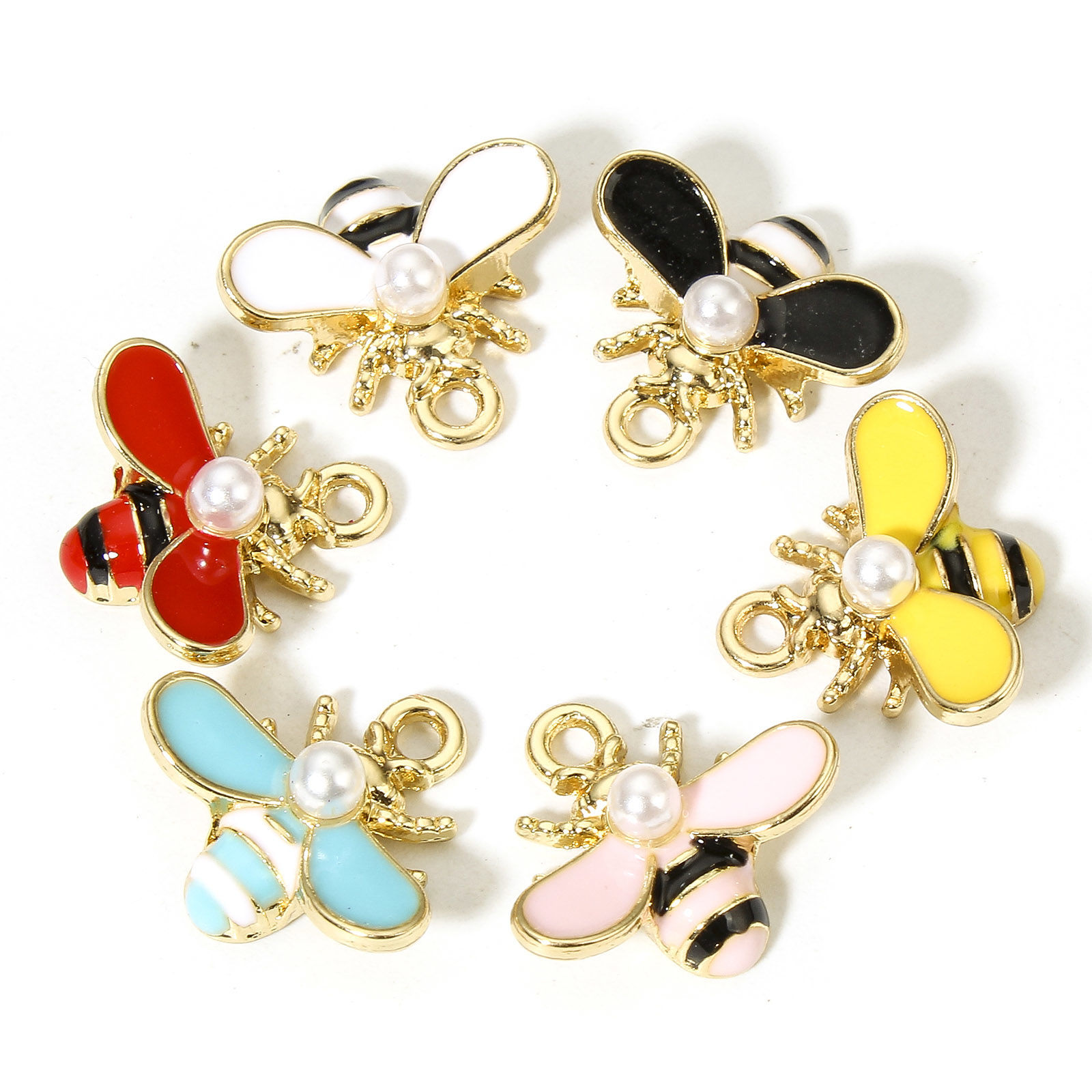 Picture of Zinc Based Alloy Insect Charms Gold Plated Multicolor Bee Animal Enamel 17mm x 16mm