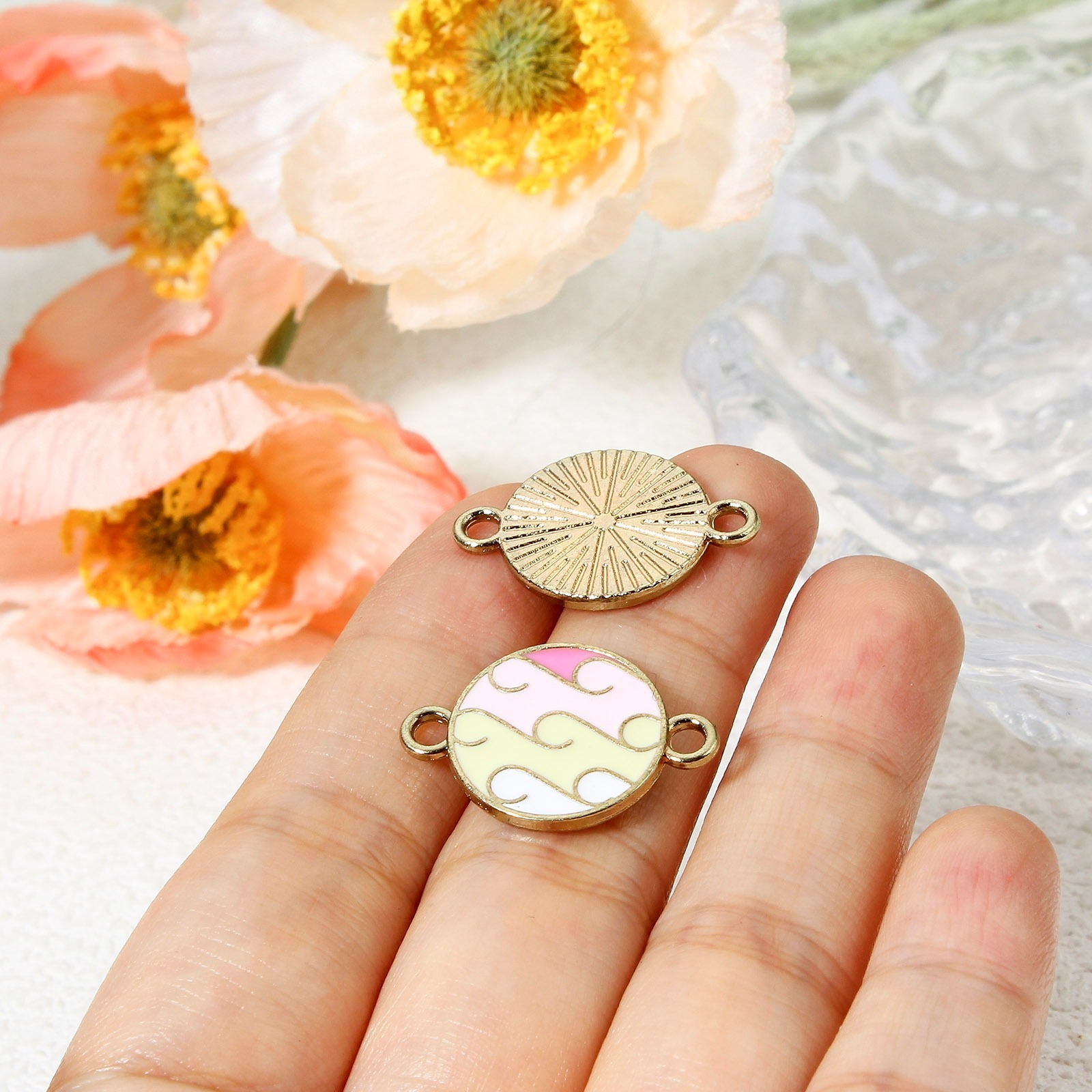 Picture of Zinc Based Alloy Connectors Charms Pendants Gold Plated Multicolor Gradient Color Round Wave Enamel 23mm x 16mm