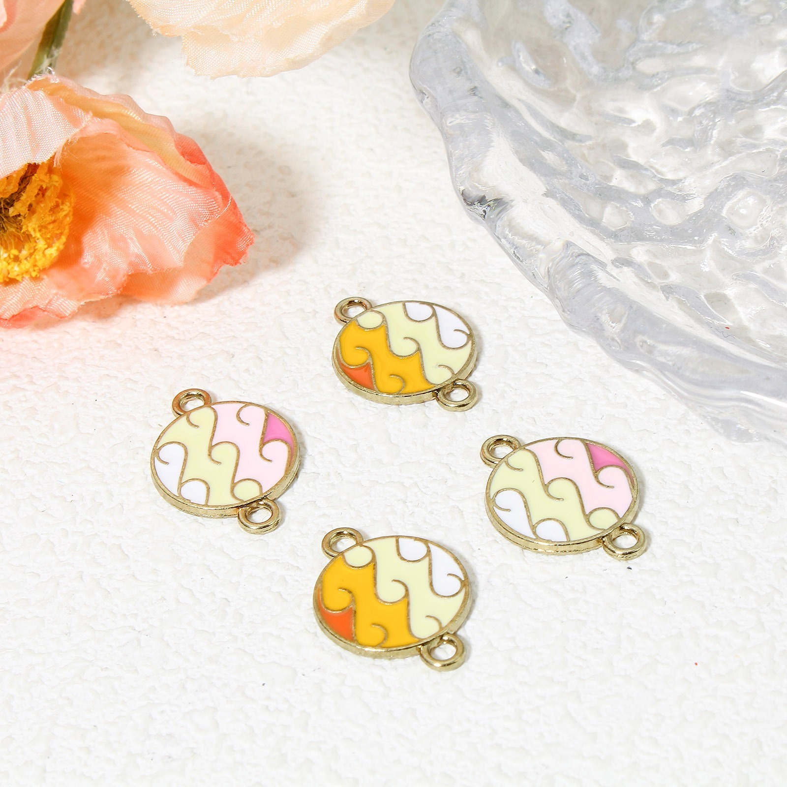 Picture of Zinc Based Alloy Connectors Charms Pendants Gold Plated Multicolor Gradient Color Round Wave Enamel 23mm x 16mm