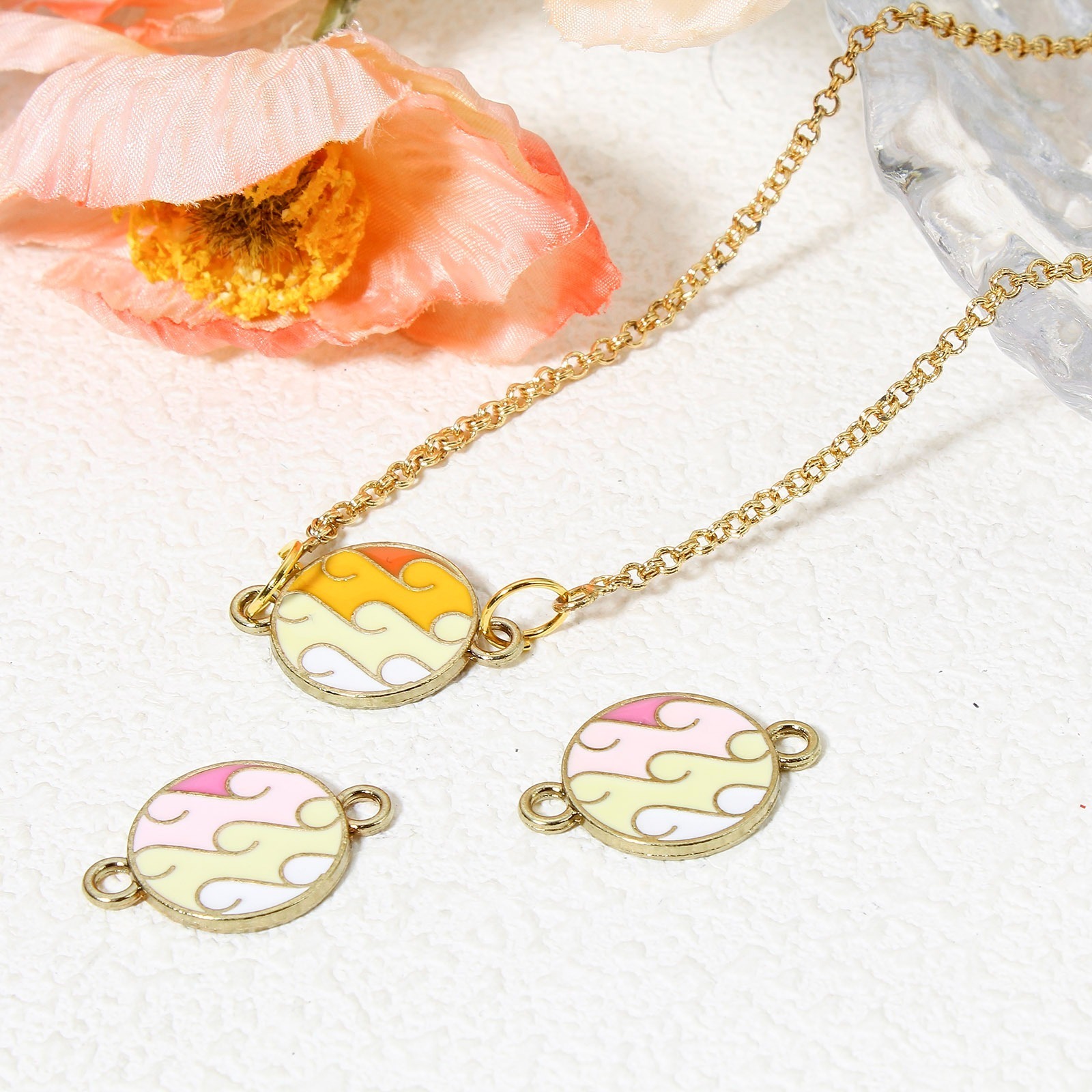 Picture of Zinc Based Alloy Connectors Charms Pendants Gold Plated Multicolor Gradient Color Round Wave Enamel 23mm x 16mm