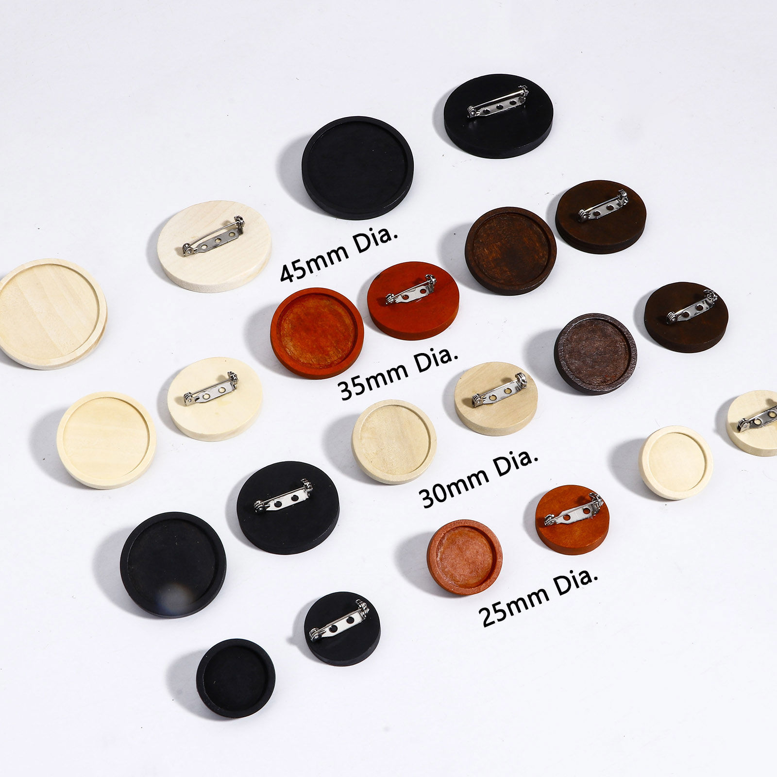Picture of 304 Stainless Steel & Natural Wood Pin Brooches Round Silver Tone Cabochon Settings